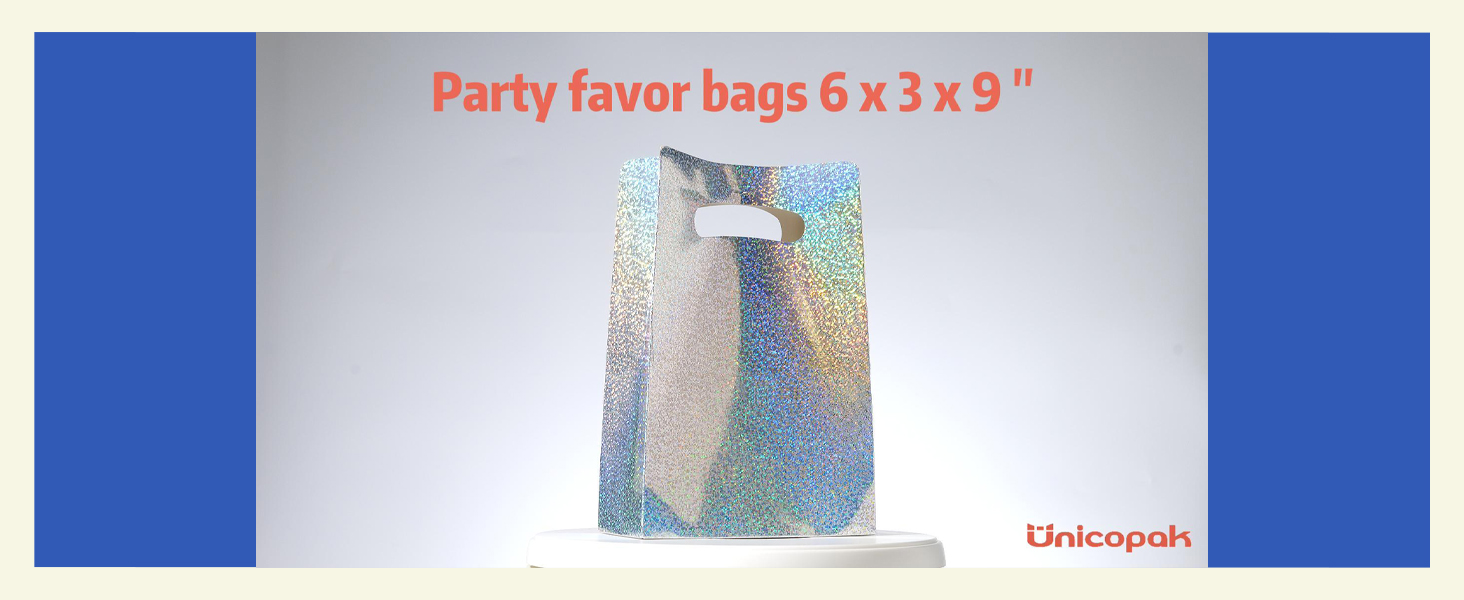 UnicoPak 16 Pack Premium Iridescent Party Favor Bags - 6x3x9 Glitter Goodie Bags for Birthday Party, Wedding - Sturdy Holographic Gift Bags with Auto-lock Bottom, Customizable for Treats & Cookies