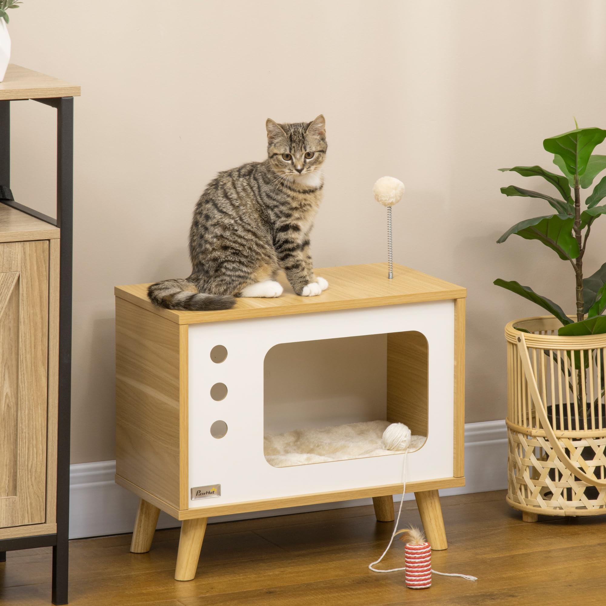 PawHut Katzenhaus TV-förmig mit Spielball 50 x 28 x 43 cm Eiche+Beige+Weiß