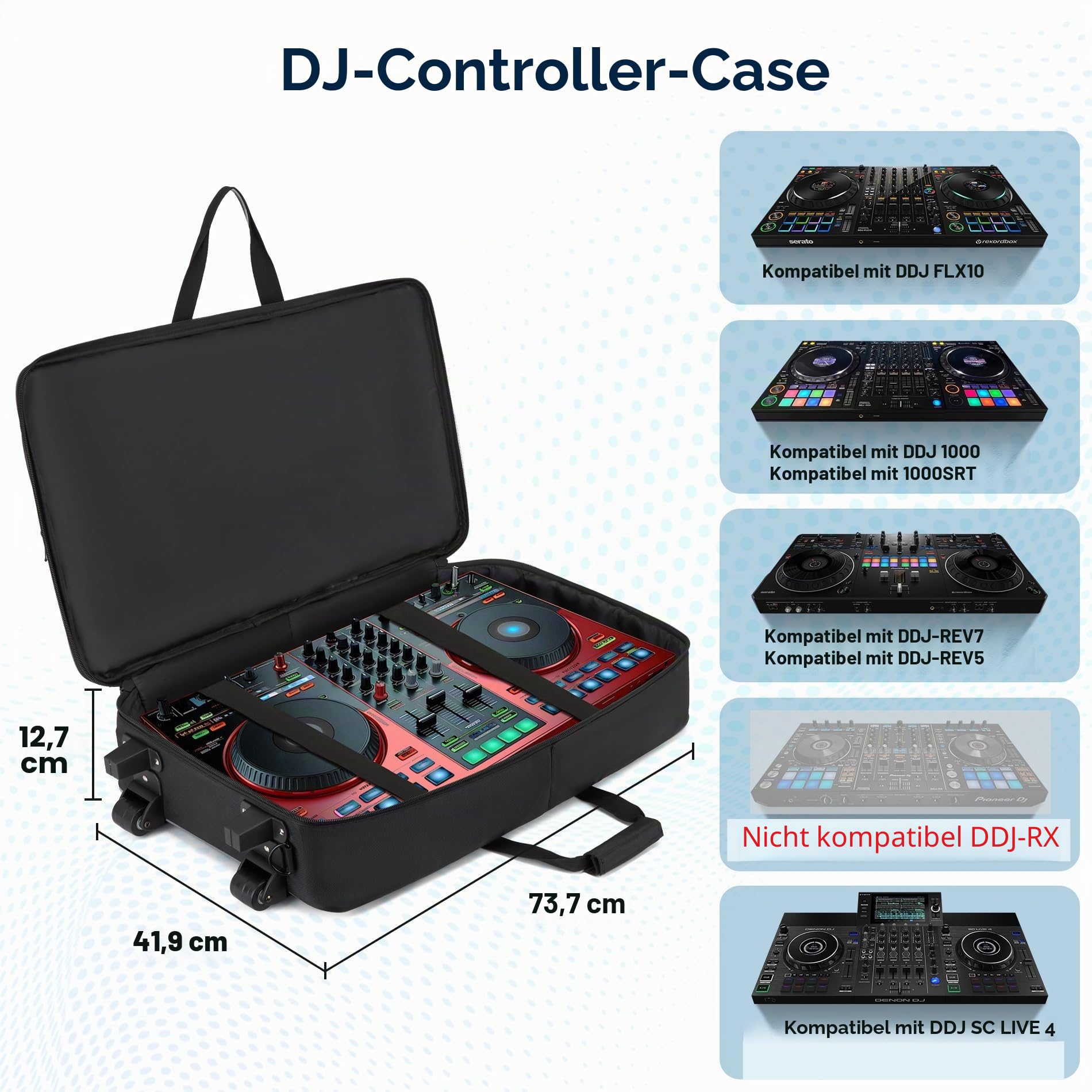DJ-Tasche mit Rollen, kompatibel mit DDJ FLX10/1000/1000SRT/REV7/REV5/SCLIVE 4, DJ-Controller-Tasche für Pioneer DJ-Ausrüstung, DJ-Controller-Tasche mit Mehreren Taschen für DJ-Zubehör, weicher