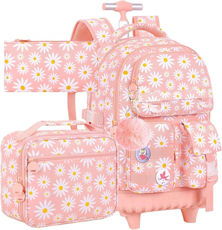 3PCS Rolling Backpack for Girls, Water Resistance Roller Bookbag, Women Aesthetic Wheeled School Bag Set with Lunch Bag & Pencil Bag for Teens & Kids - Pink Chrysanthemum
