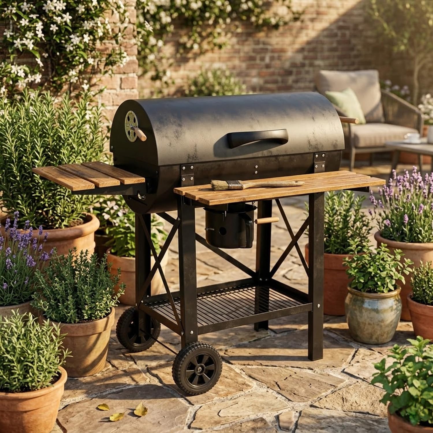 Barbecue A Carbone Con Coperchio E Ripiani Laterali BBQ Grill Da Giardino Con Griglia Rialzata Scaldavivande Struttura In Acciaio Ruote E Cassetto Raccogli Cenere 110 x 70.5 x 101.5 Cm Nero
