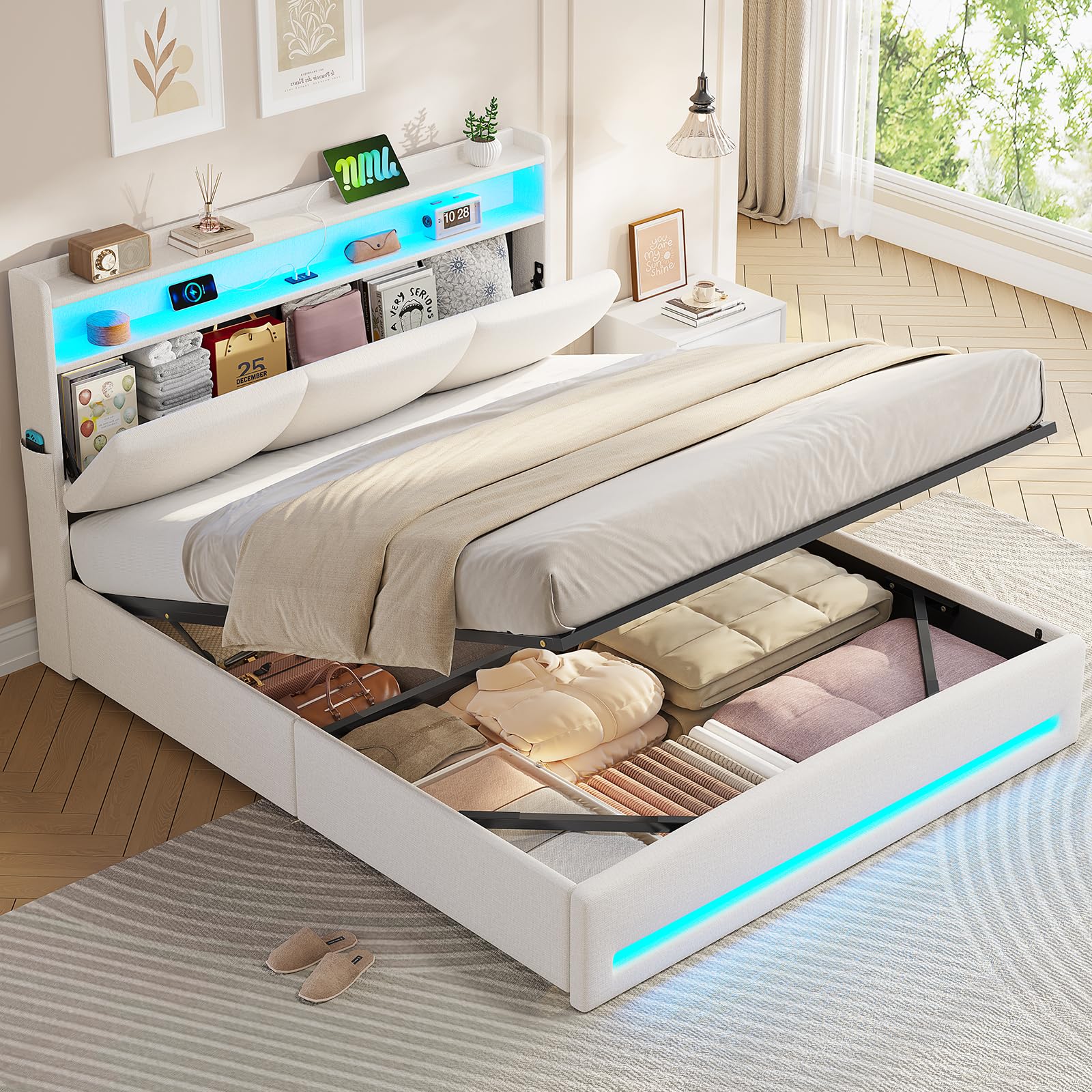 AOGLLATI Lit Coffre 140×190 avec LED et Ports USB,Tête de Lit capitonné avec Étagères Ouvertes et Rangement Caché, lit 2 Personnes avec Hydraulique, Sommier à Lattes, Lin Beige (sans Matelas)