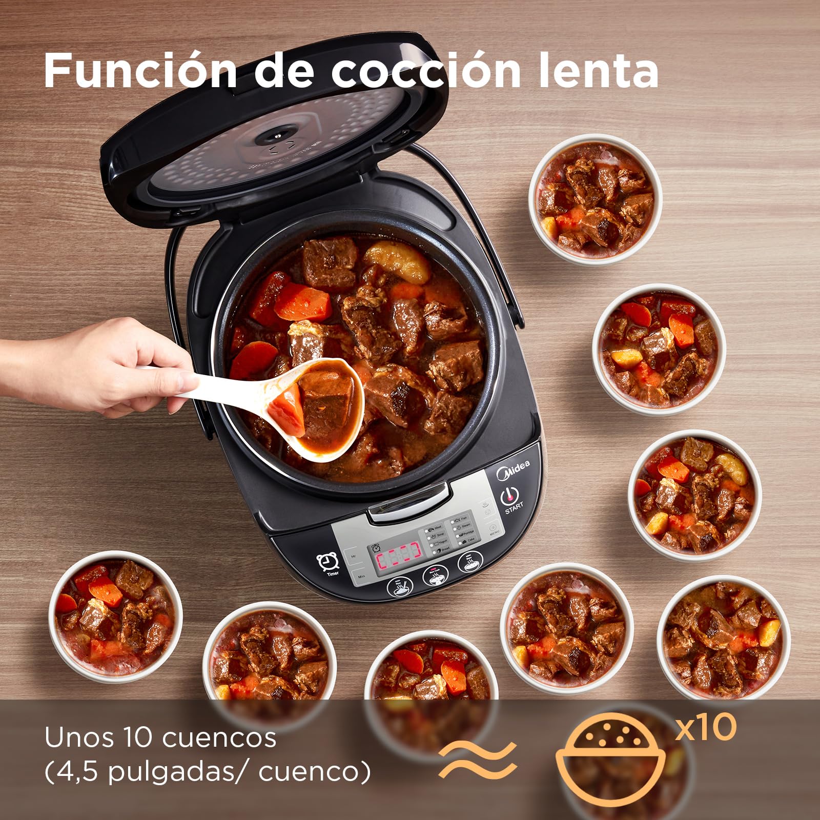 Midea Olla Arrocera Multifuncional con Vaporera (10 Tazas, 1,8 Litros) 11 Funciones Multicocción, Pantalla LED, Calentador, Temporizador, Olla Interior Extraíble Antiadherente (Negro)