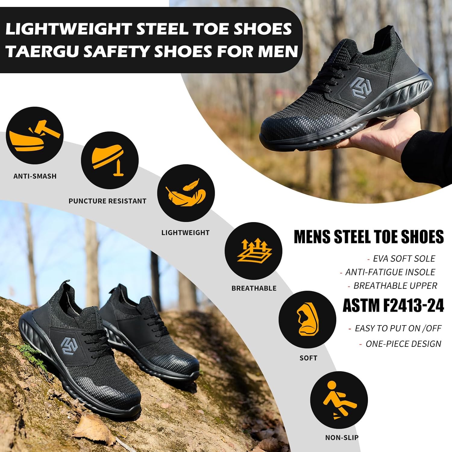 Steel Toe Shoes for Men Indestructible Slip On Safety Shoes Lightweight Non Slip Steel Toe Sneakers Comfortable Construction Industrial Work Shoe Loafers - Image 4