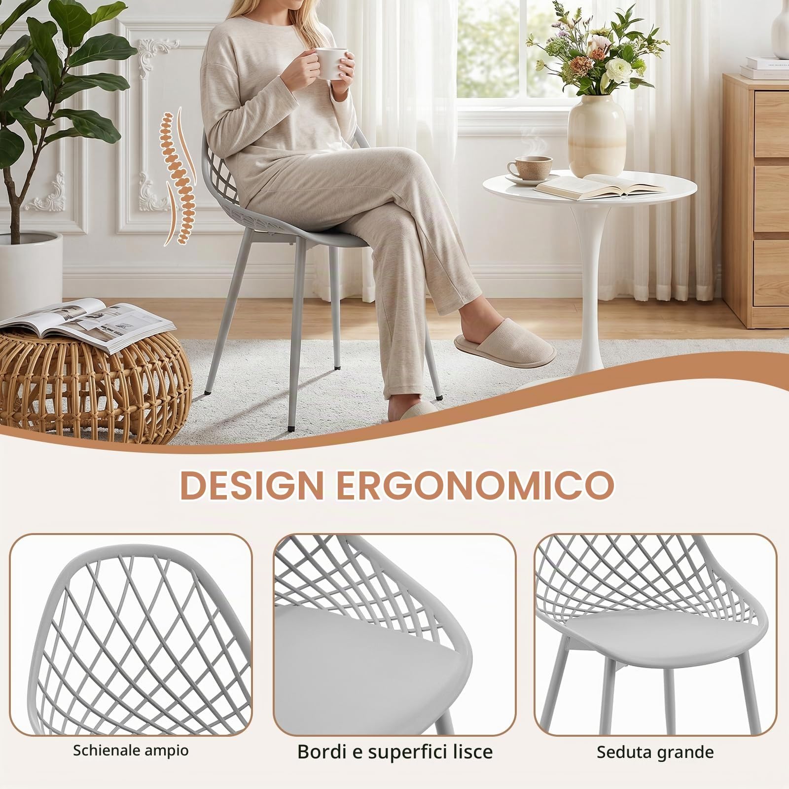 buybyroom Sedia scandinava Set di 4 sedie da pranzo con gambe in metallo, gambe regolabili per sala da pranzo, soggiorno, cucina e camera da letto, grigio