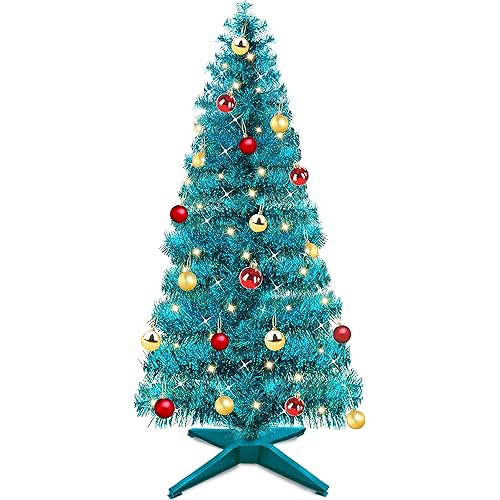[ Timer & 8 Modes ] 4 Ft 80 LED Christmas Tree Decoration 20 Balls Ornaments DIY Warm Lights Battery Powered Pencil Artificial Full Xmas Tree Decoration Indoor Home Holiday (Peacock Blue)