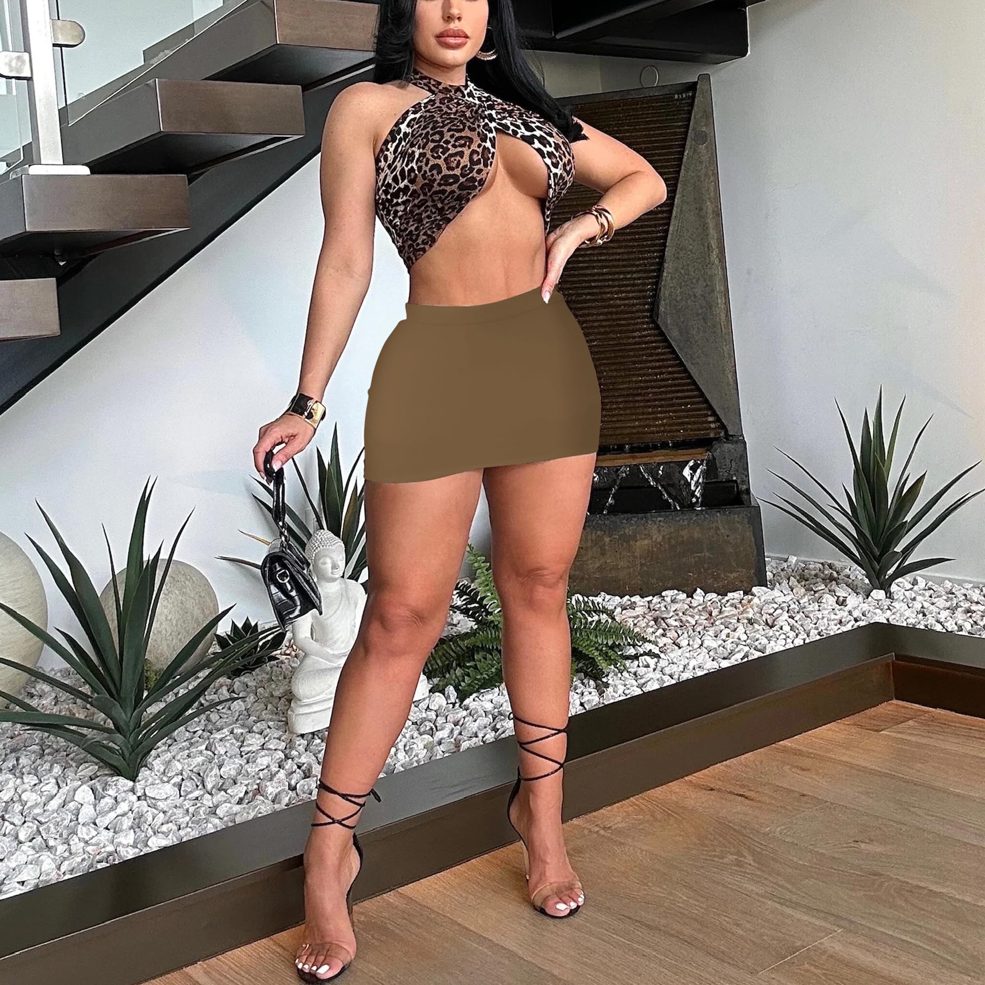 Leopard Cheetah Skirt with Shorts, Sexy Night Club High Waist Elastic Leopard Print Bodycon Mini Skirts for Women: Dark Khaki Medium Short