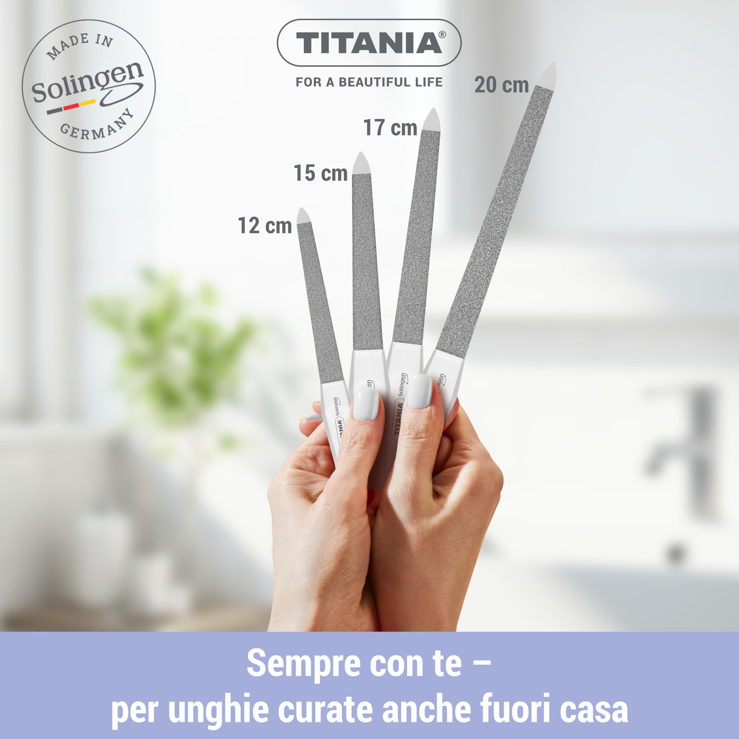 TITANIA® Solinger Saphir - Set di 4 lime per unghie professionali (12/15/17/20 cm) con manico bianco - Lima per unghie e unghie naturali - Lime di alta qualità per manicure e pedicure