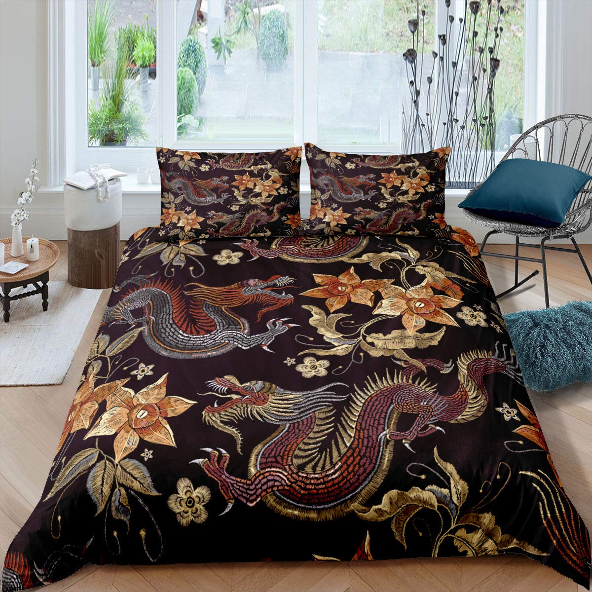 Housse de couette super king style chinois aux finitions soignées pour homme