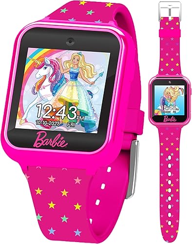 Barbie - Reloj inteligente para niños, pantalla táctil interactiva con juegos, cámara selfie, rastreador de pasos, alarma y elegante correa de