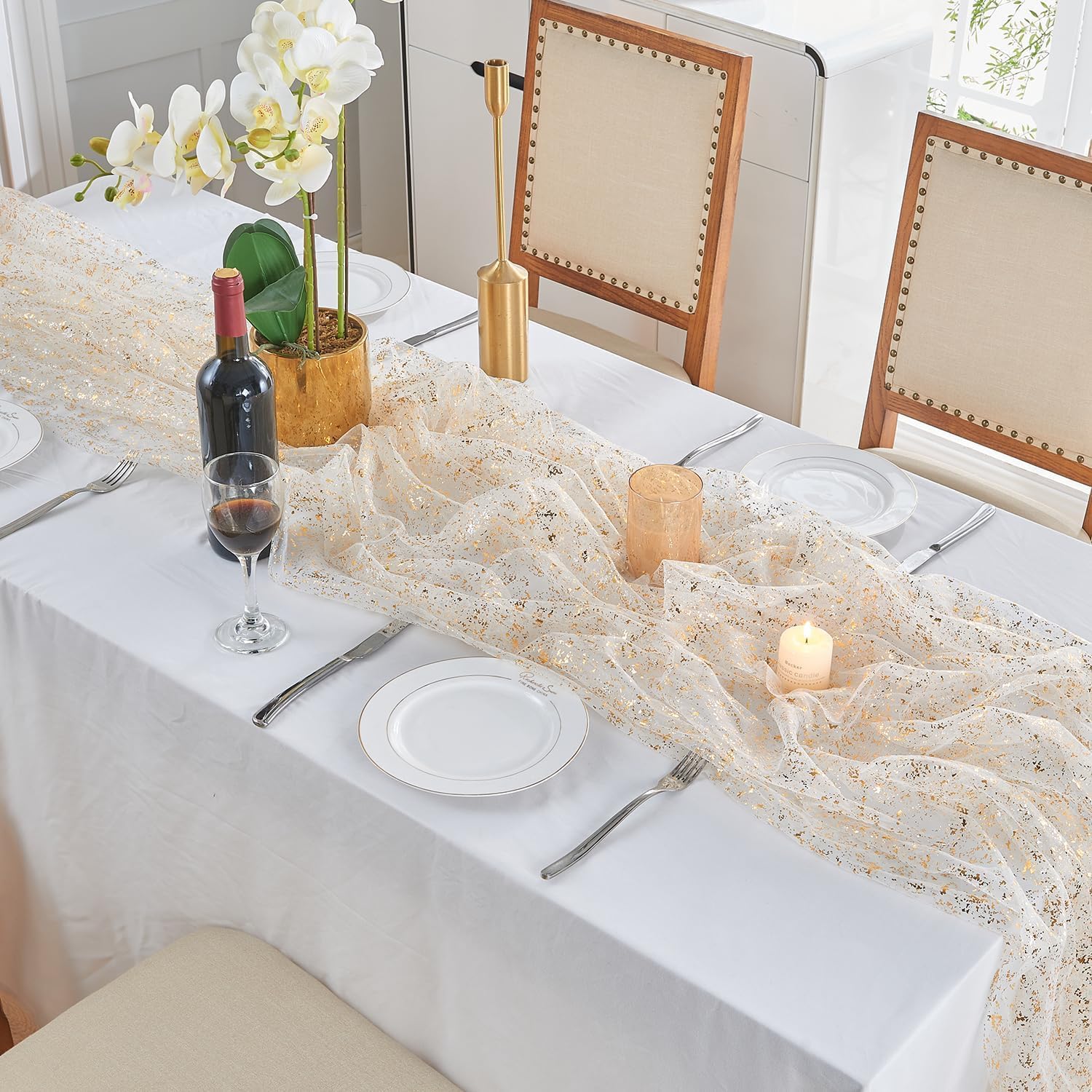 10FT 10PCS Gold Table Runners, 120 Inch Tulle Sheer Golden Table Runner Sequin Glitter Metallic Foil Boho Table Cover Chiffon Cheesecloth for Wedding Bridal Baby Shower Birthday Party Decoration