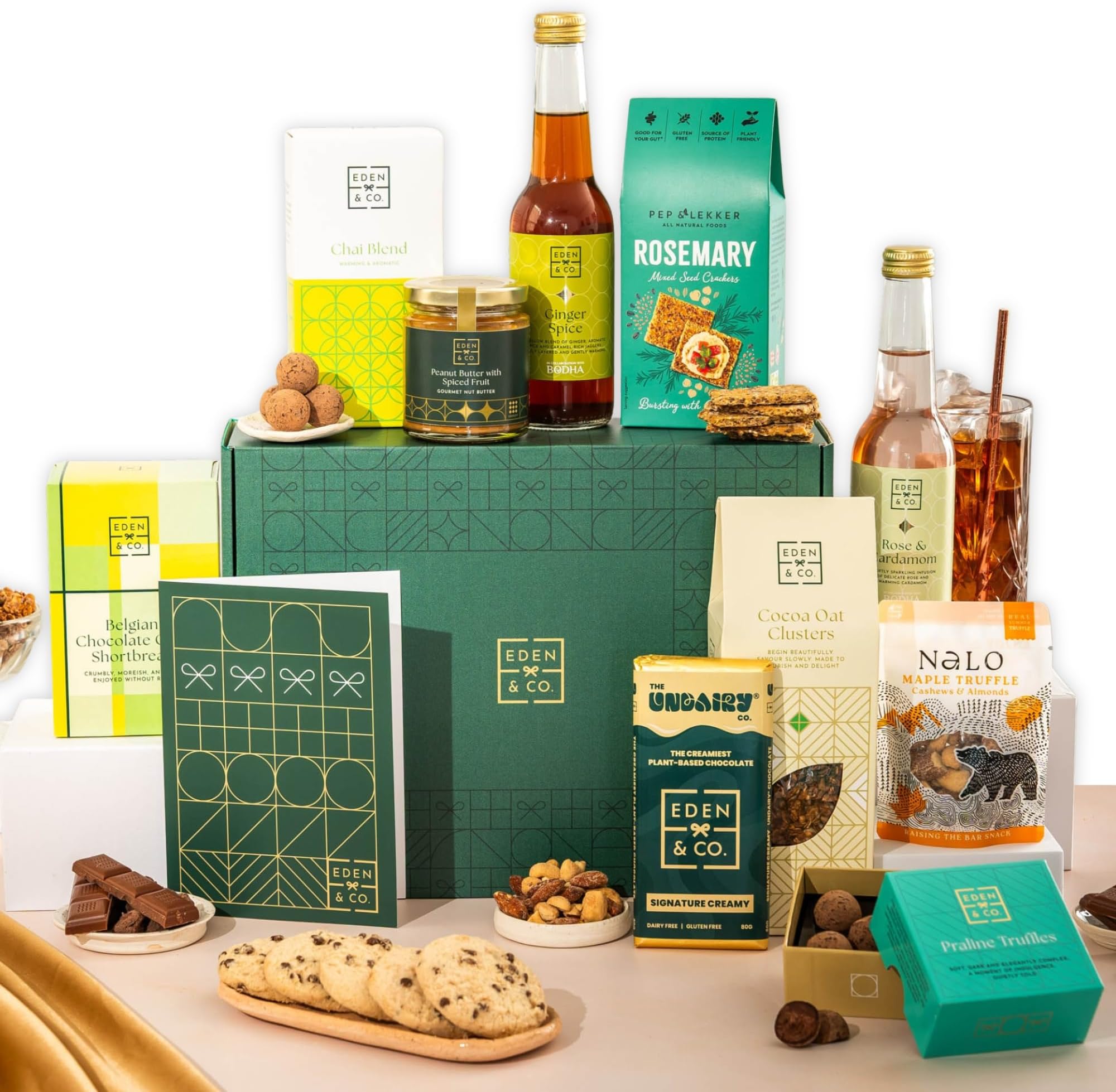 Vegan Hamper with Truffles & Hot Chocolate Set, Gift Hamper Women & Men Plus 2 Non-Alcoholic Mocktails by EDEN & CO