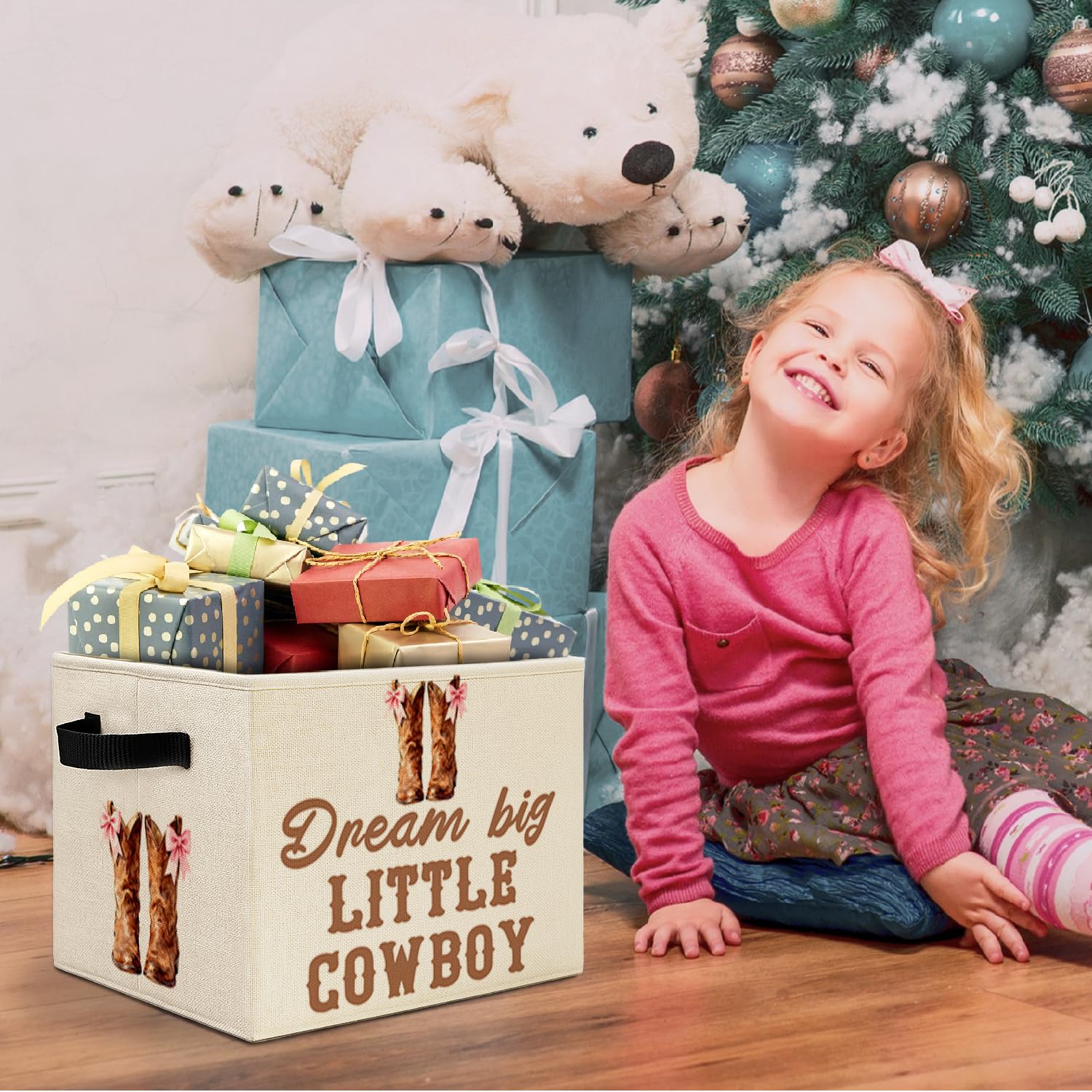 Western Cowgirl Nursery Storage Bins Box with Handles, Coquette Pink Bow Cowgirl Boot Western Laundry Basket Hamper Collapsible Clothes Toys Organizer for Kids Girls Bedroom Bathroom