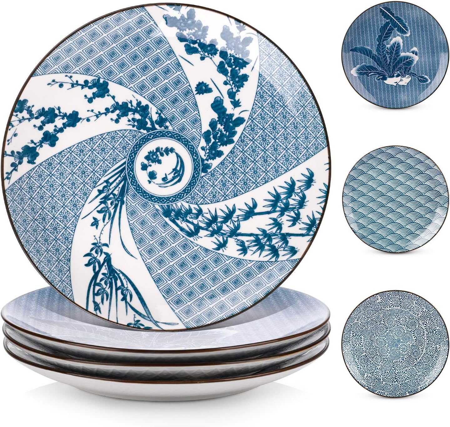 Y YHY 10 Inch Ceramic Dinner Plates, Serving Plates for Christmas & Thanksgiving Dinner, Porcelain Dinner Plates Set of 4, Microwave & Dishwasher Safe, Blue and White - 4 Pattern
