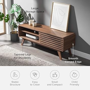 mopio Ensley 46 TV Stand with Slatted Door, Mid Century Modern Entertainment Center for 55/60/65 inch TV, Farmhouse Media Console with Storage, Adjustable Shelves, Round Edges, Living Room (Walnut)