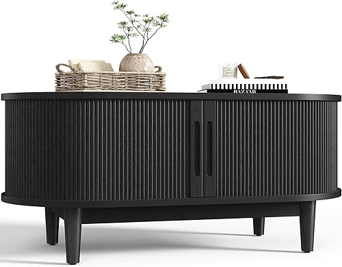 LINSY HOME Mesa de Centro Redonda, Mesa de Centro Tipo Tambor de 31.5" con Puerta Corredera de Tambor, Mesa Central de Acento Acanalada con