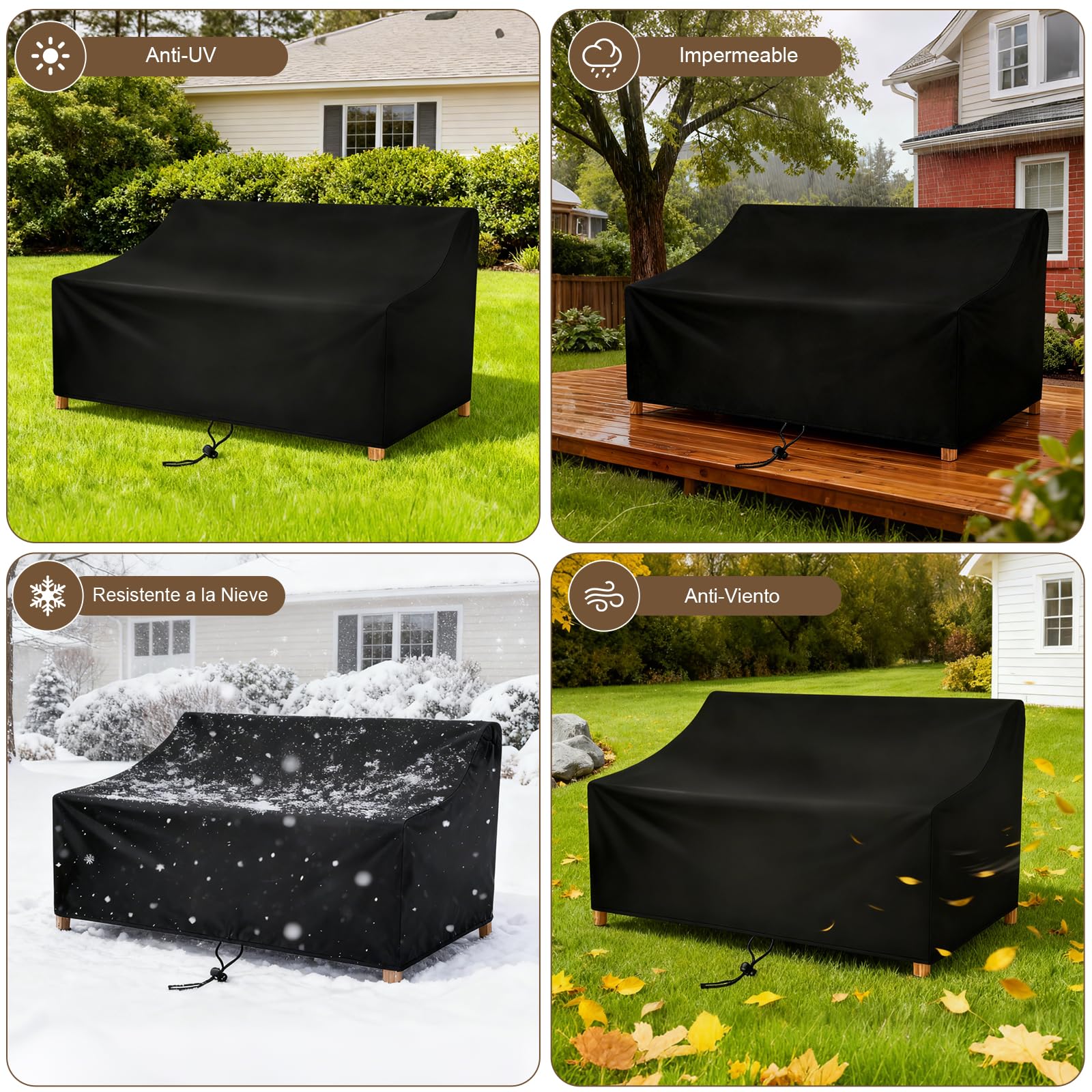 Funda Sofa Exterior Impermeable Negra, Funda Sillas Jardin 2 Plazas, Antiviento E Impermeable Funda Sofa Jardin Exterior, con Cordón Tela Impermeable Exterior(134 X 66 X 69/89 cm)
