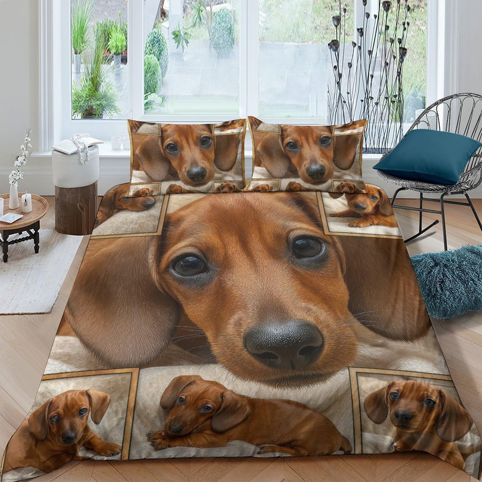 GPLZQXKJNH 3D Printed Brown Dachshund Dog Duvet Cover Microfiber Soft Breathable Puppy Bedding Set with 2 Pillowcases for Bedroom Decor Single（135x200cm）