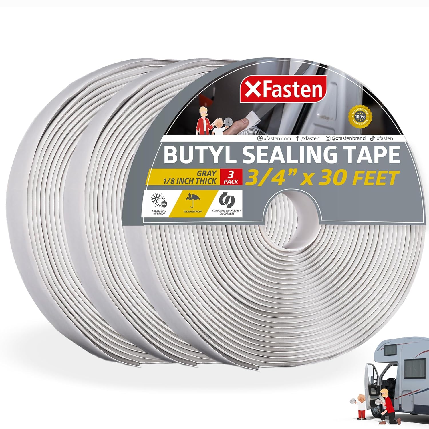 XFasten Butyl Putty Tape, Gray, 1/8" x 3/4" x 30' (3-Pack) EDPM Butyl Rubber Sealant, Stretchable Camper Butyl Tape, Pool, Headlight and RV Sealant
