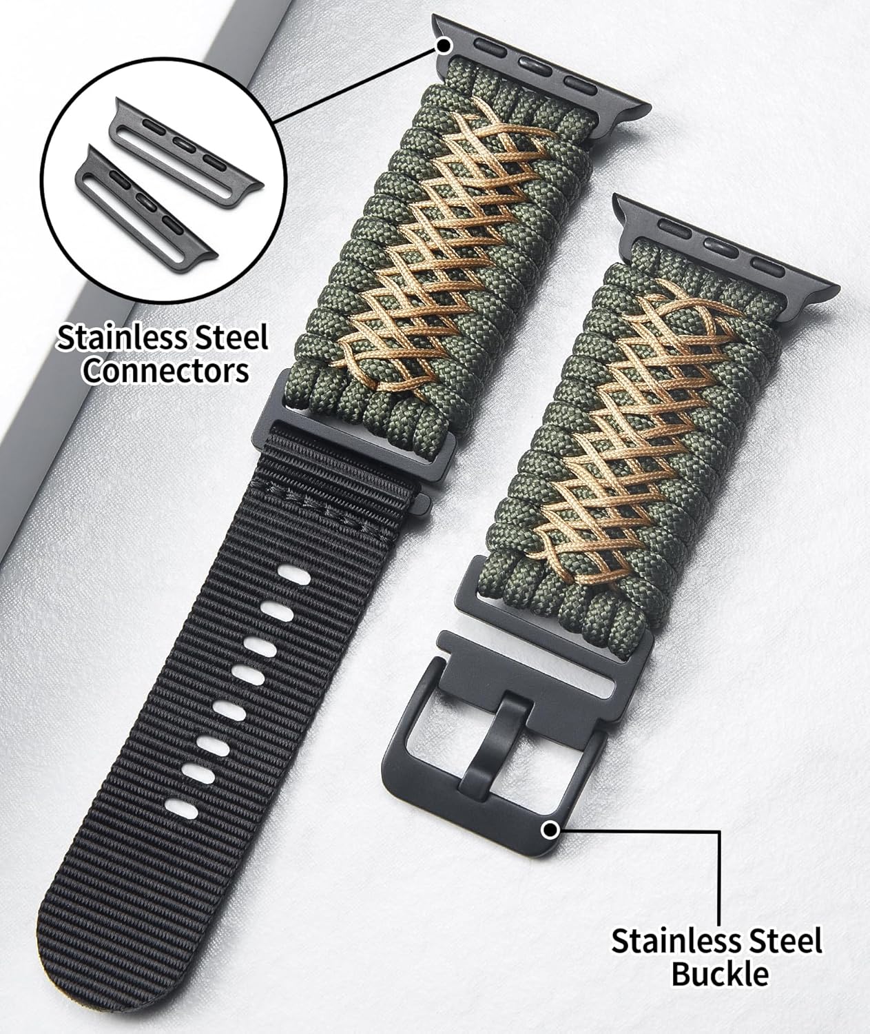 BINLUN Watch Band Compatible with Apple Watch 44mm 45mm 46mm 49mm, Braided Paracord Nylon Watch Strap Replacement Compatible with iWatch Ultra/Ultra 2 Series 10/9/8/7/6/5/4/SE/SE2/3/2/1 for Men - Image 3
