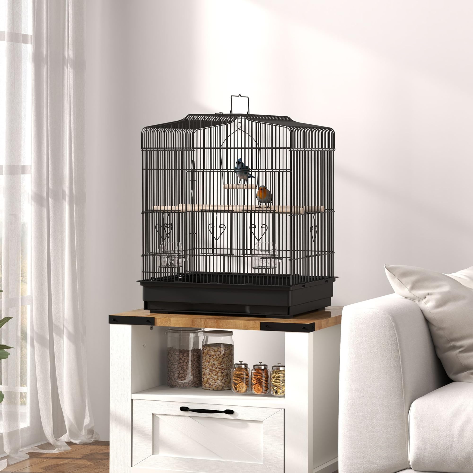 PawHut Jaula para Pájaros, Jaula de Acero para Pájaros con Puertas, 2 Comederos, 2 Perchas, Columpio, Bandeja Extraíble y Asa de Transporte, para Loro, Canario, Periquito, 46,5x36x59 cm, Negro