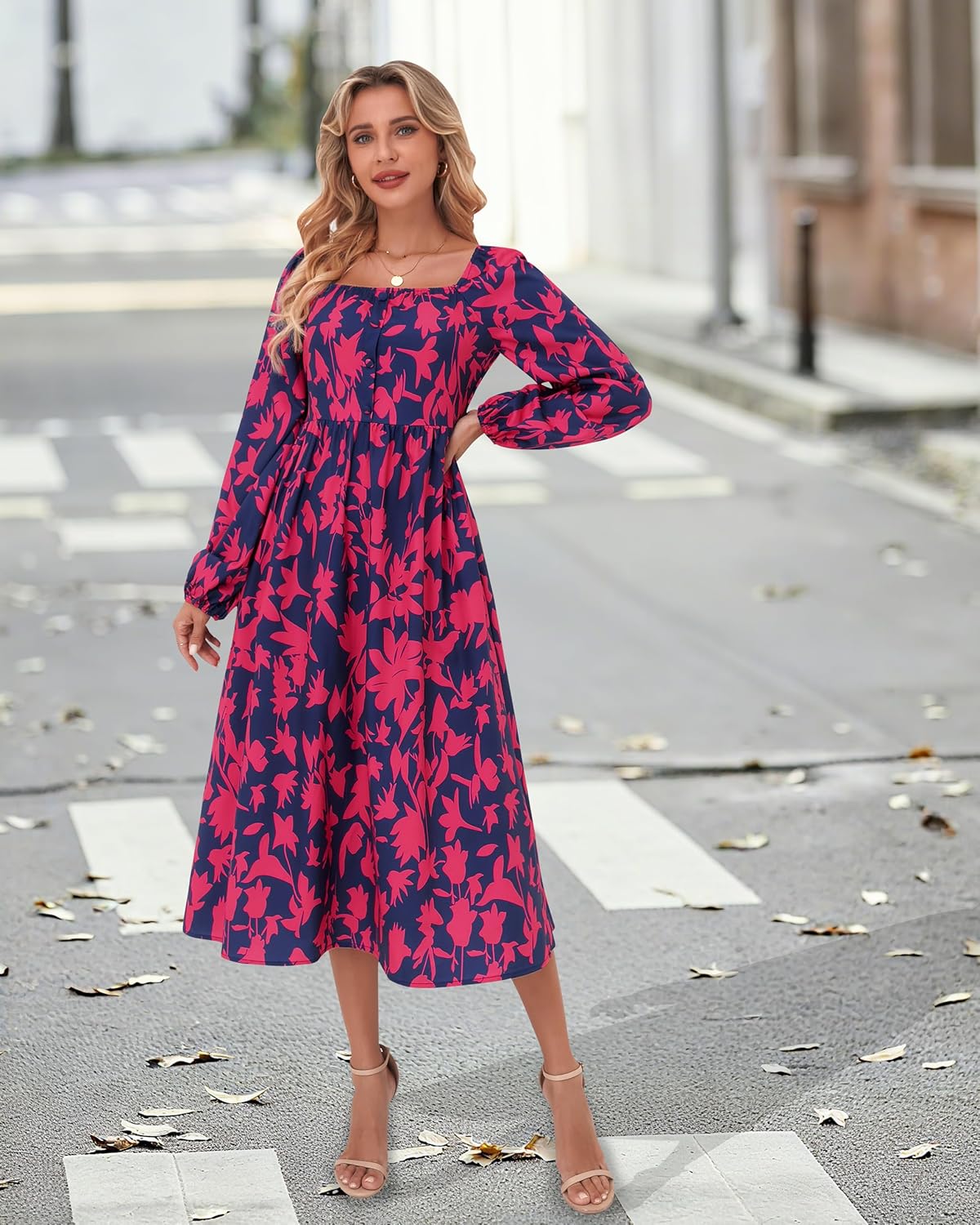 Women's Long Sleeve Button Decor Dress Boho Flowy Square Neck Maxi Dress 2025 Fall Casual Trendy Dresses - Image 3