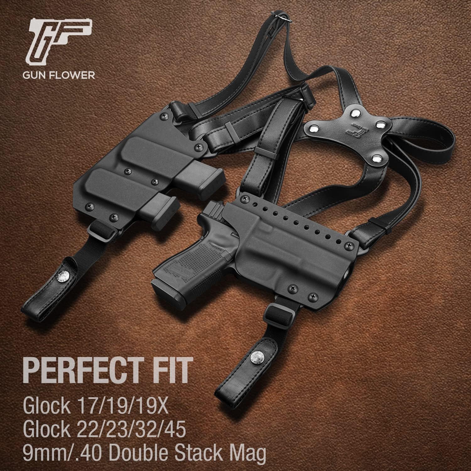 Handmade Shoulder Holster for Glock 19/17/19X/22/23/31/32/45, Full Grain Leather Strap with US Kydex Holster for Concealed Carry, Retention Adjustable, Universal Fit 9mm/.40 Double-Stack Mag
