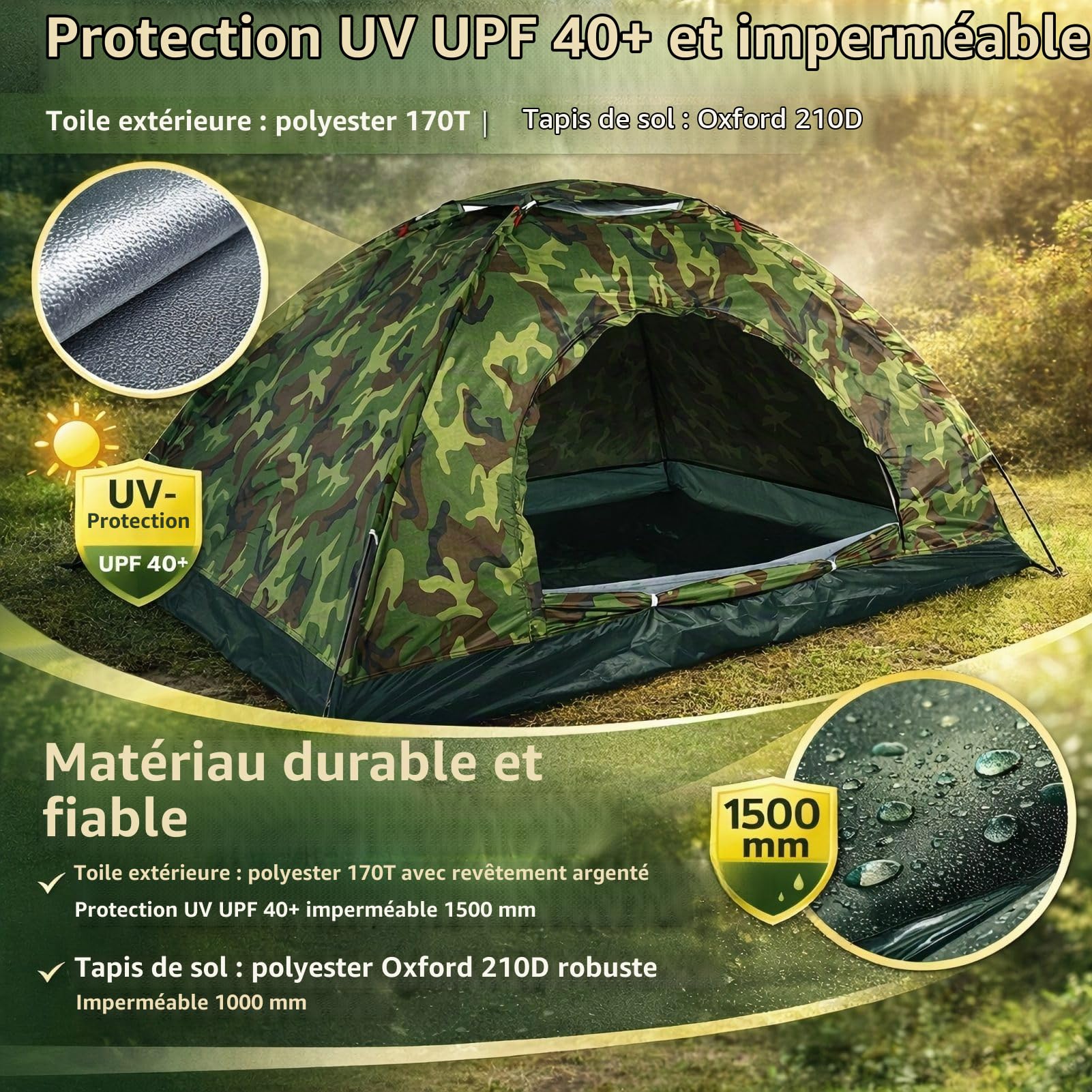 Tente de Camouflage pour 2 Personnes Camping en Plein Air Tente étanche pour Se Reposer en Profitant de la Fraîcheur Instantanée Tente de Camping Abris Solaires Équipement et équipement de Survie