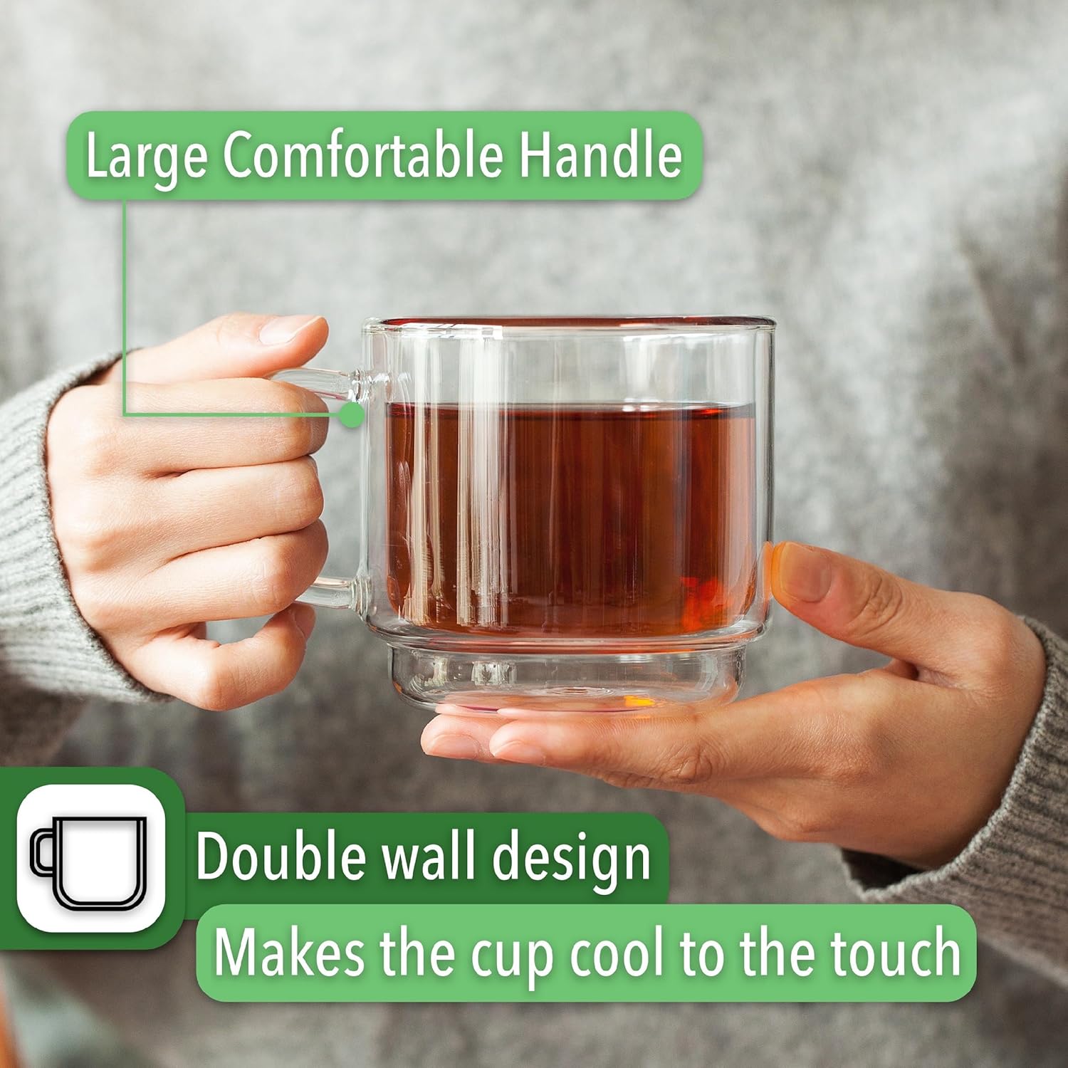 BTaT- Double Walled Stackable Glass Coffee Mugs, 12 oz, Set of 4, Glass Coffee Cups with Handle, Insulated Clear Coffee Mug for Hot and Cold Beverages, Cappuccino, Latte, Tea, Americano - Image 6