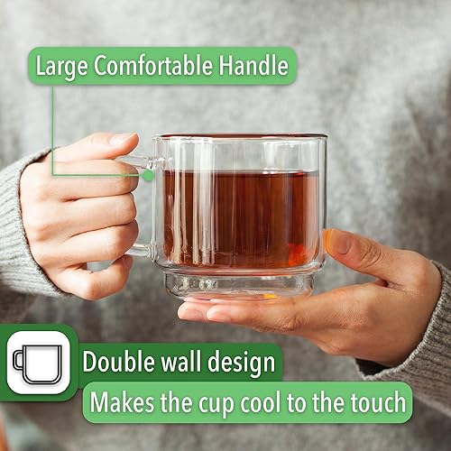 Miniatura 6 de BTAT - Tazas de café de vidrio apilables de doble pared, 12 onzas, juego de 4, tazas de café de vidrio con asa, taza de café transparente aislada