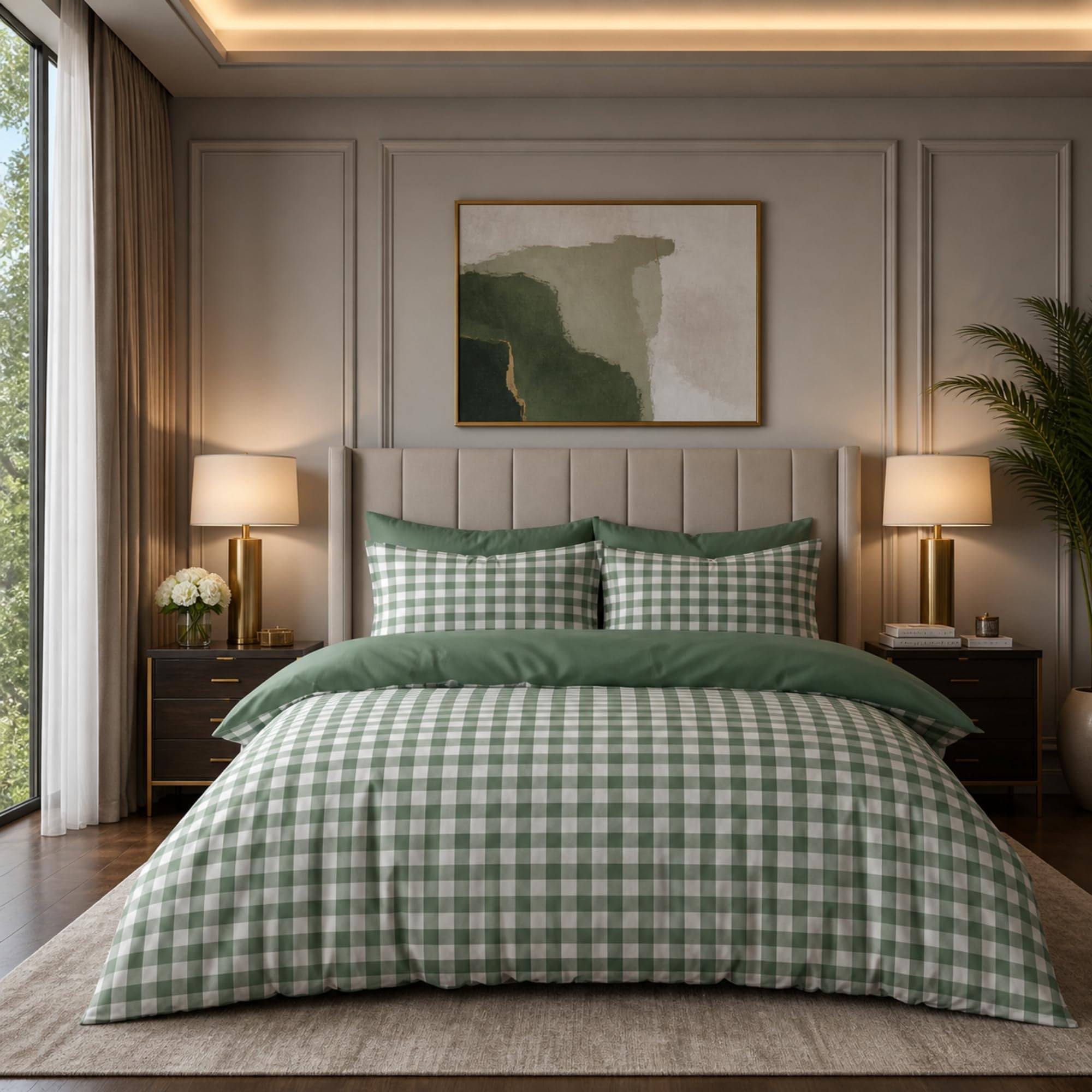 Dolce Vari Gingham Moor Check Microfibre Duvet Cover Set – Reversible Checked Quilt Cover with Matching Pillowcases – Soft, Lightweight Bedding Set – Easy-Care & Durable (SAGE GREEN, Double)