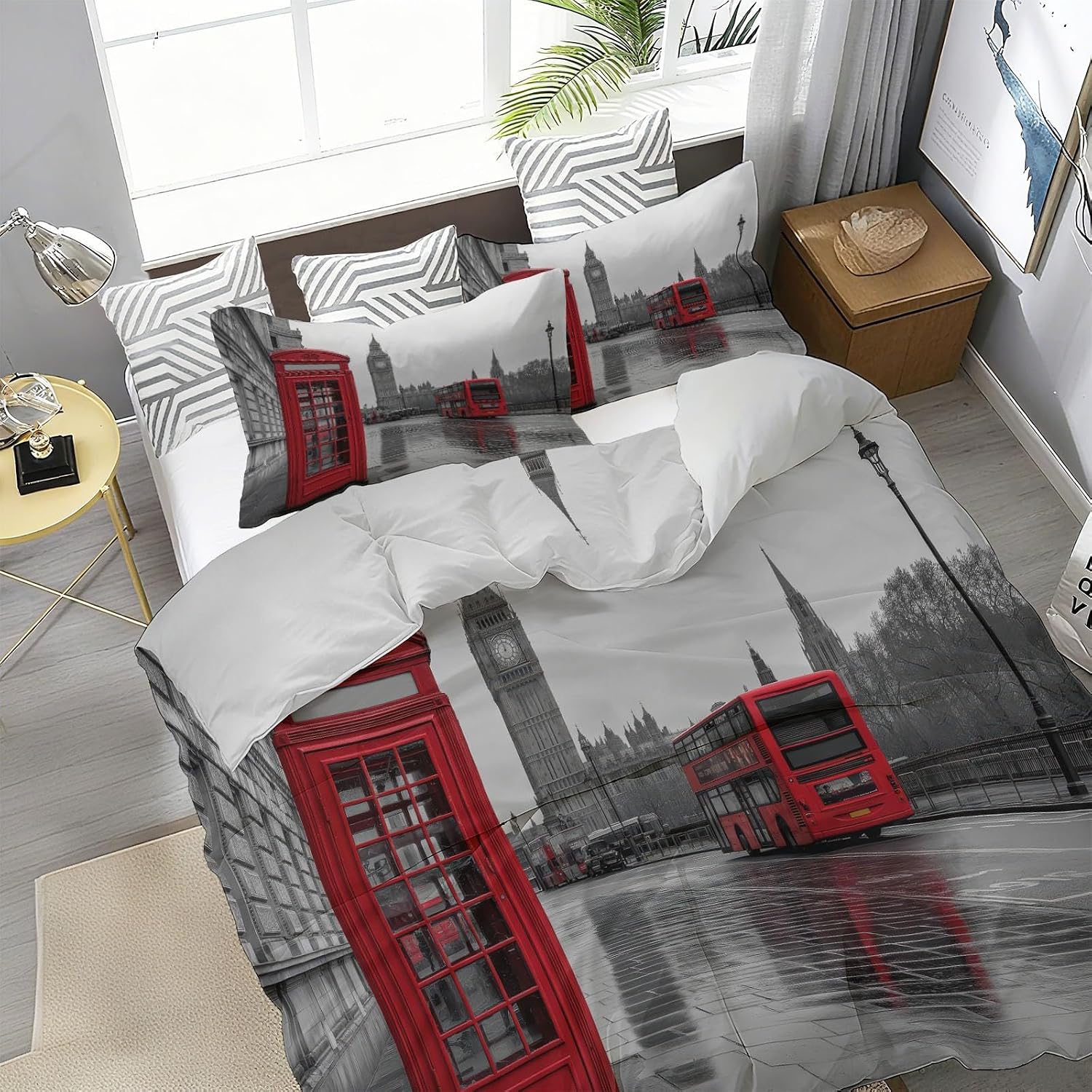 Duvet Cover for Kids Modern City Telephone Booth Bus Quilt Cover Sets Reversible Soft Bedspread Cover Room Decor, Gray Red Bedding Set 3Pcs Zipper Closure Boys Girls Teens (Twin Size 68"x90")