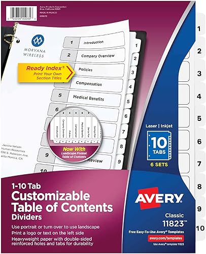 Miniatura 19 de Avery Separadores de 5 pestañas para carpetas de 3 anillas, tabla de contenido personalizable, pestañas blancas clásicas, 1 juego (11130)