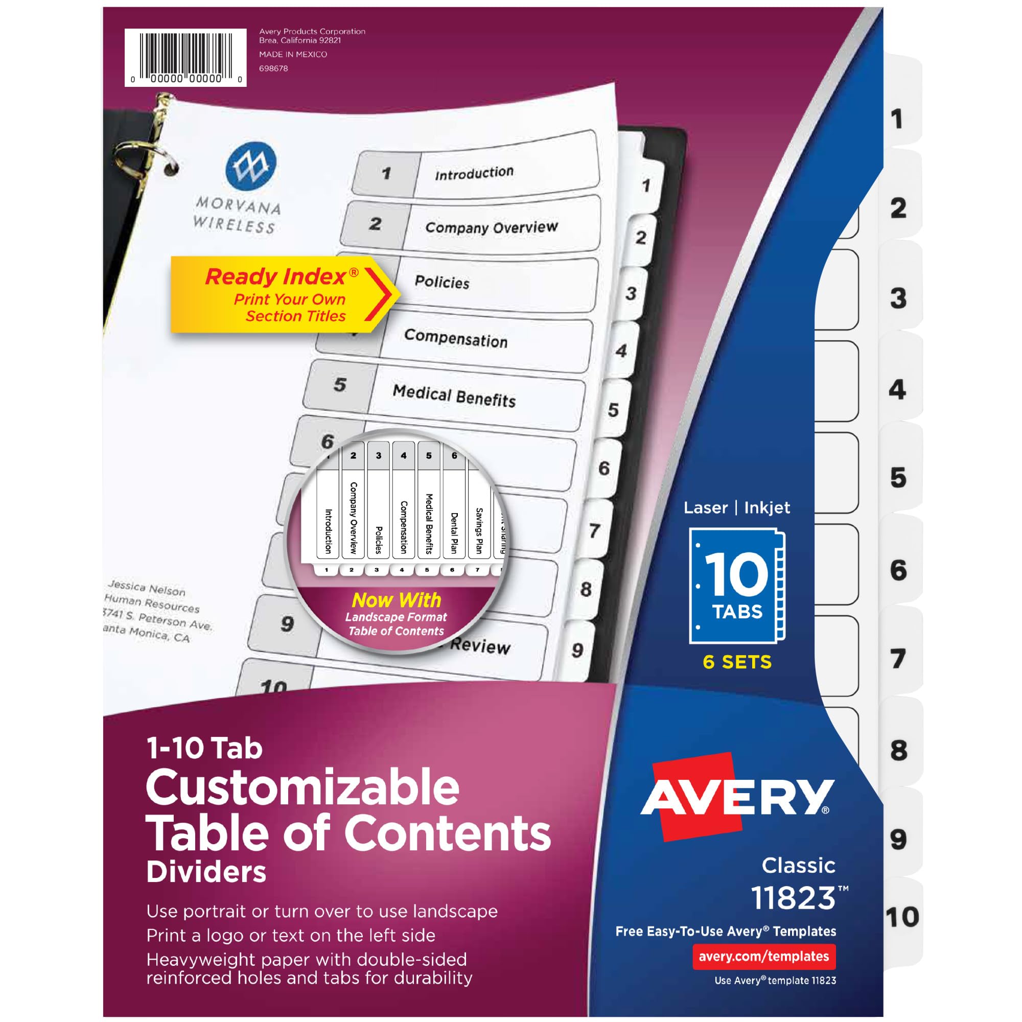 Avery 10 Tab Dividers for 3 Ring Binders, Customizable Table of Contents, Classic White Tabs, 6 Sets (11823)