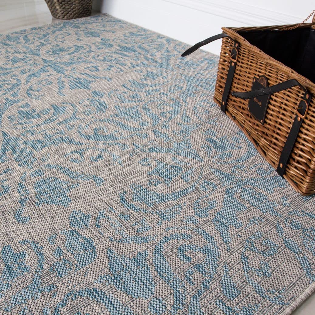 Aqua Distressed Pattern Durable Outdoor Garden Rug Waterproof Flatweave Soft Plastic Washable Floor Carpet Mould Resistant Patio Decking Pergola Outside Dining Event Picnic BBQ Area Mat 160cm x 230cm