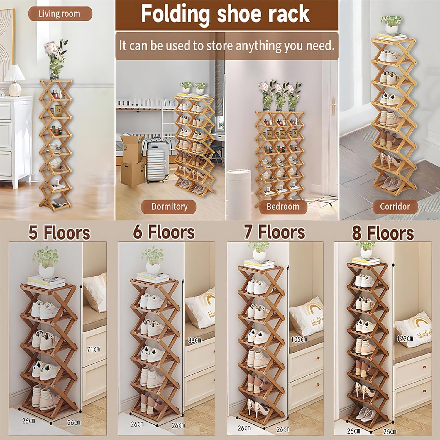 The 9-Tier No-Assembly Bamboo Rack,Foldable Bamboo Shoe Rack,Collapsible Shoe Rack for Entryway Closet Dorm,Installation-Free (Natural,9 Tier)