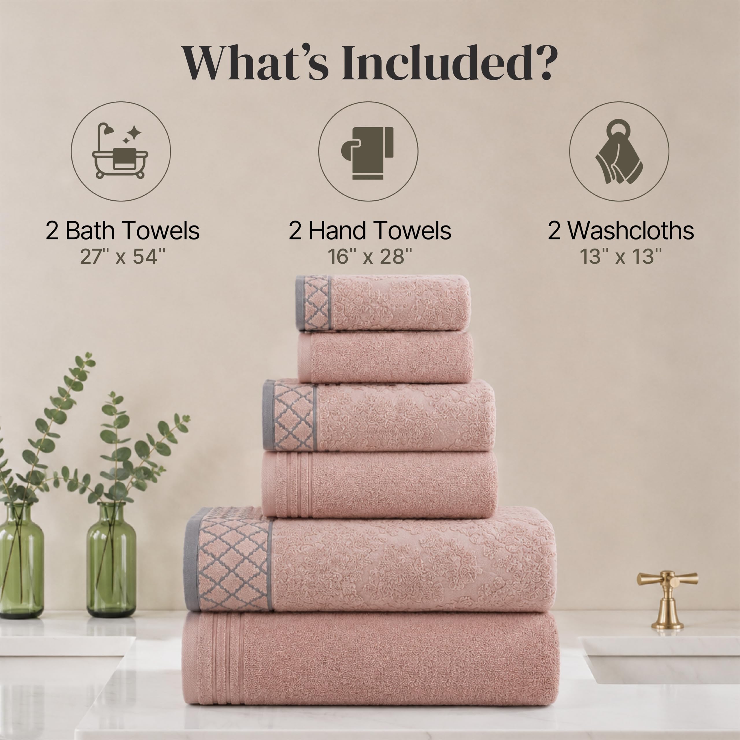 Pacific Coast Textiles adamaszek żakardowe ręczniki z ozdobną obwódką, bawełna, brzoskwinia, zestaw 6 sztuk