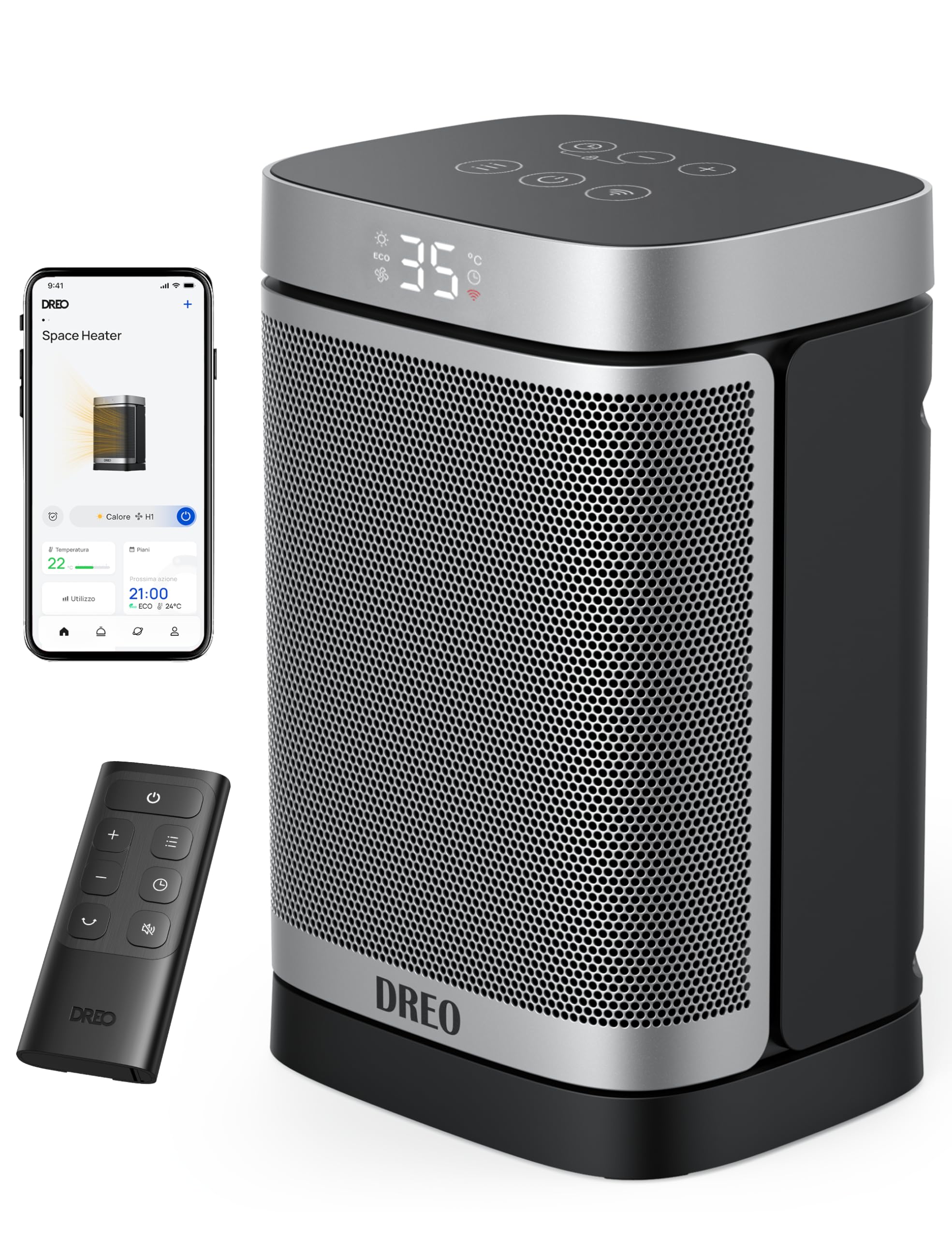 Dreo Riscaldatore intelligente per spazio, Riscaldatore elettrico in ceramica PTC oscillante a 70° con termostato, Telecomando, 3 modalità 3 velocità, Modalità ECO per risparmio energetico