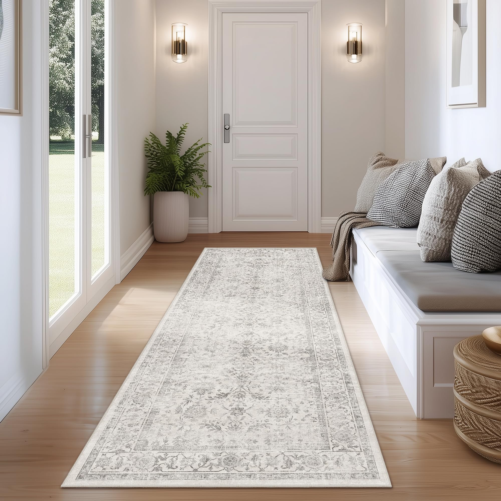 Beauoop Hallway Runner Rug Grey Vintage Neutral Washable 60x180 cm Non Slip Low Pile Traditional Indoor Carpet Soft Retro Entryway Rug for Kitchen Living Room Bedroom Bathroom Laundry Entrance โ image 1