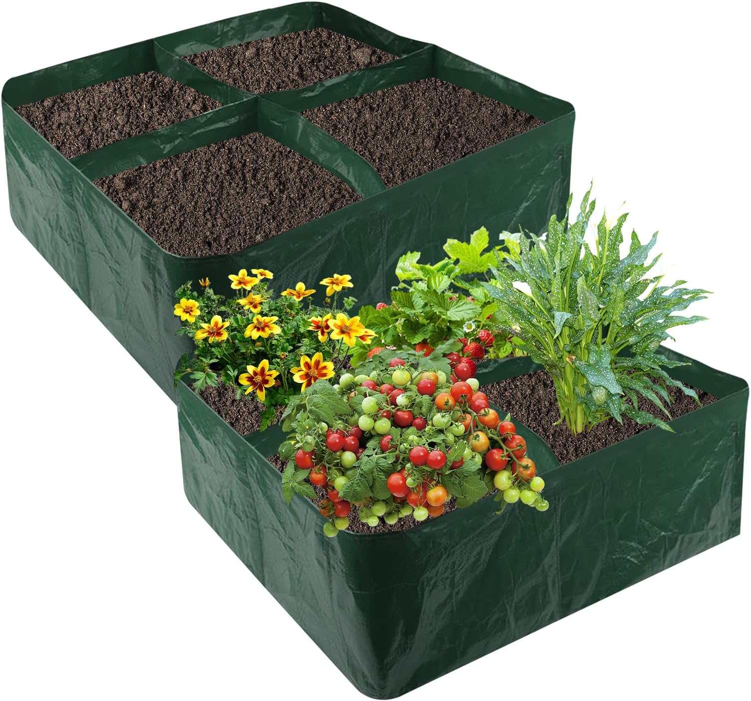 LITLANDSTAR2 Pack Raised Garden Bed, 4 Grids Thickened PE Fabric Pots Plant Grow Bags Rectangle Planter Raised Beds for Growing Vegetables, Herbs, and Flowers (60x60x25cm)