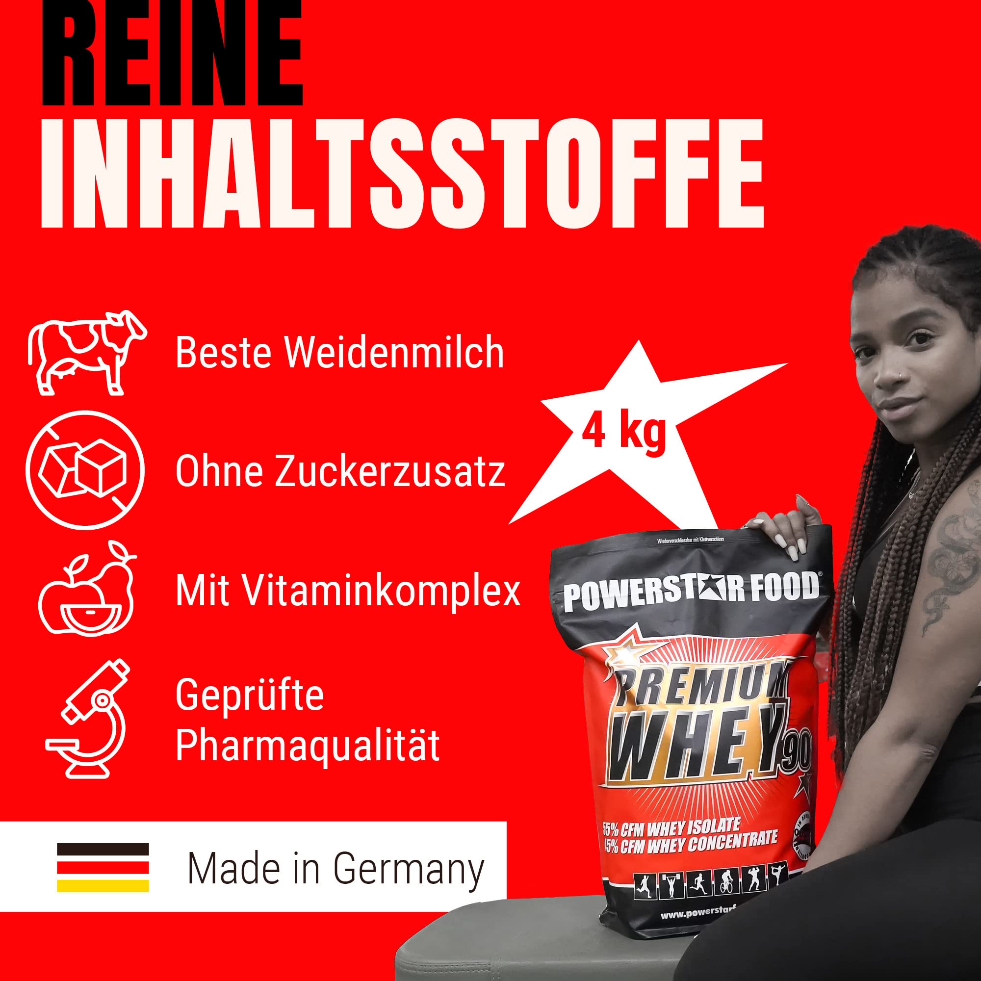 Powerstar PREMIUM WHEY 90 Banana 4000 g - 90% Protein i.Tr. Whey-Pulver | 60% CFM Whey Isolat und 40% CFM Konzentrat - Eiweißpulver mit nur 1% Kohlenhydrate - Made in Germany