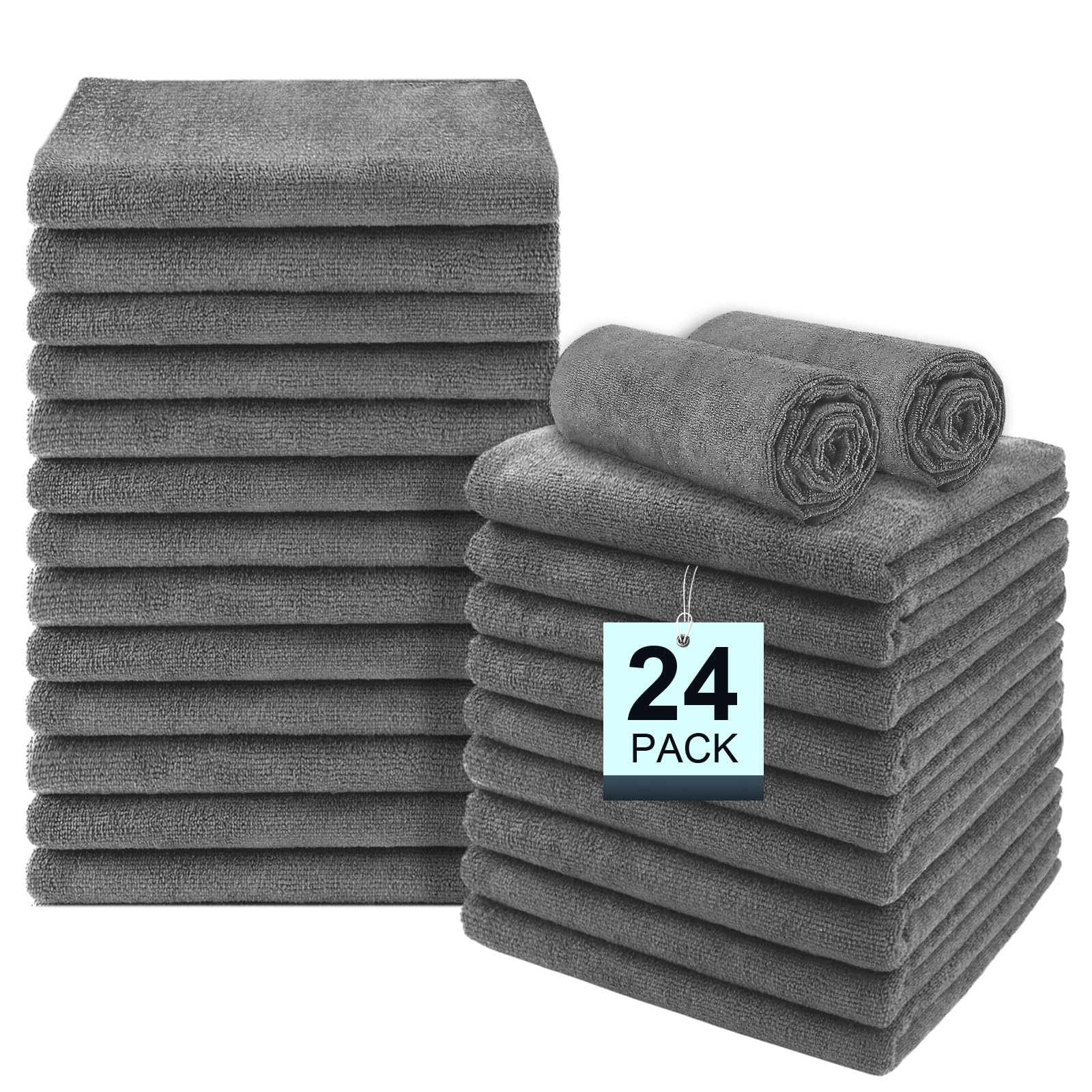 24 Pack Gym Towels Set - Highly Absorbent and Quick Drying Microfiber Salon Towel, Premium Hand Cloths for Bathroom, Gym, Shower, Hotel, and Spa - 16x27 inch (Grey)