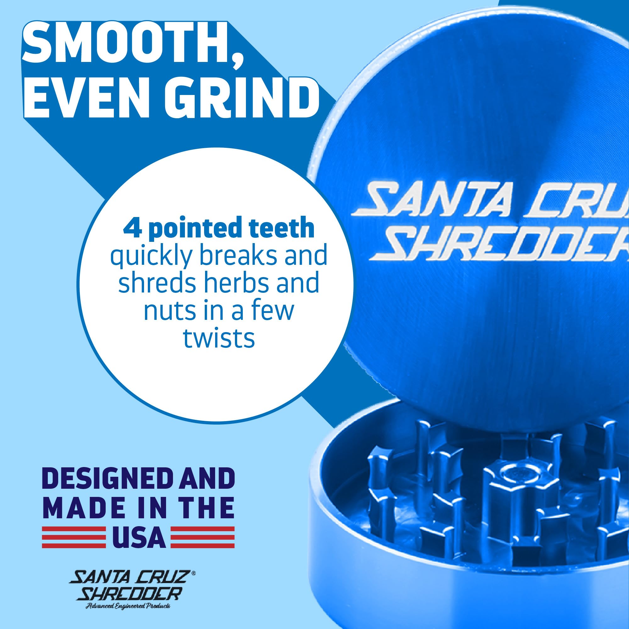 Santa Cruz Shredder Metal Herb Grinder Knurled Top for Stronger Grip 2-Piece 2.2" (Blue), 2 1/8″ Diameter, Height : 1" - Image 3
