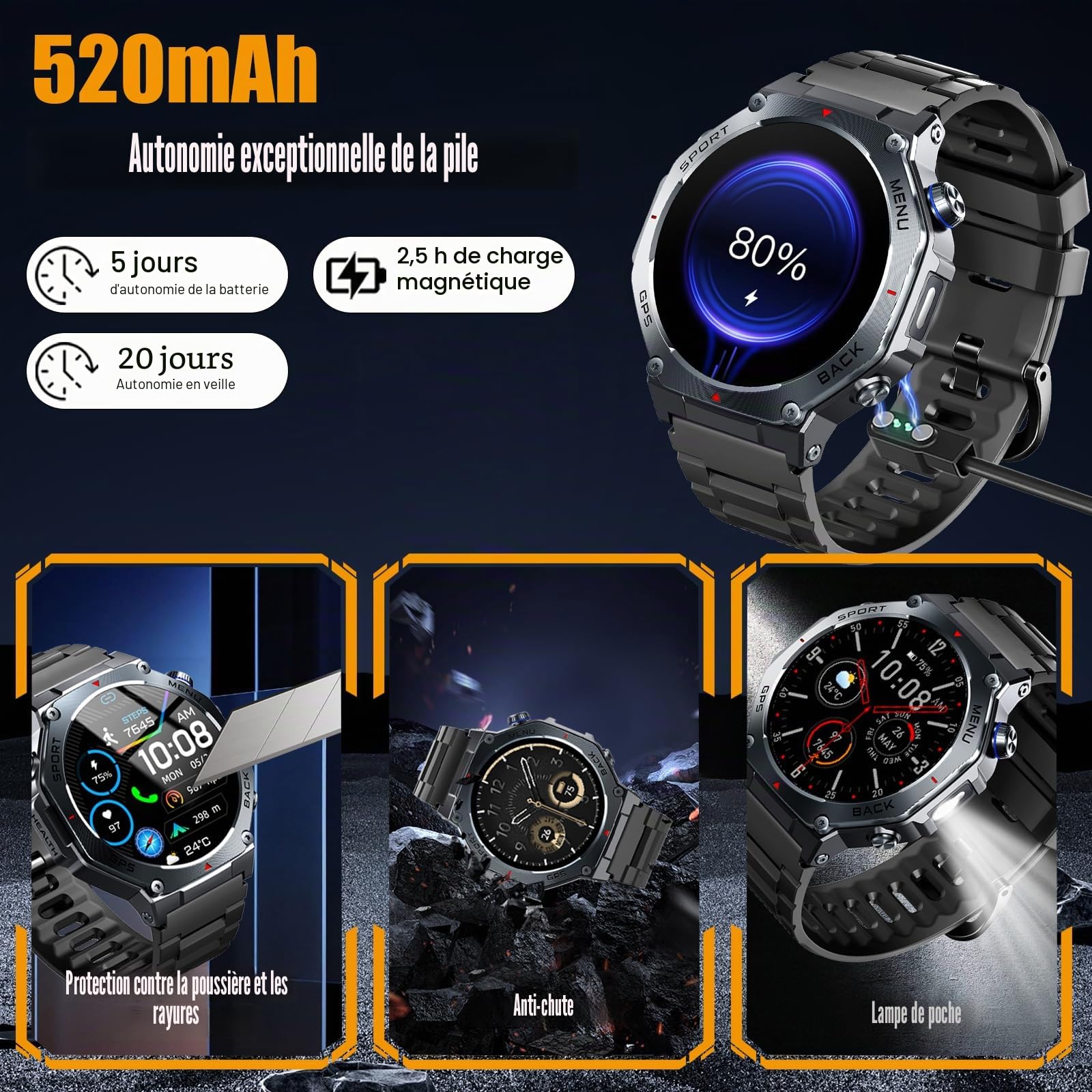 Militaire Montre Connectée Homme GPS, 1.43" AMOLED Smartwatch avec Appel Bluetooth, Étanche 5ATM, Montre Sport avec Podometre/Cardiofrequencemetre/Sommeil, 160+ Sportifs, Smart Watch pour Android IOS