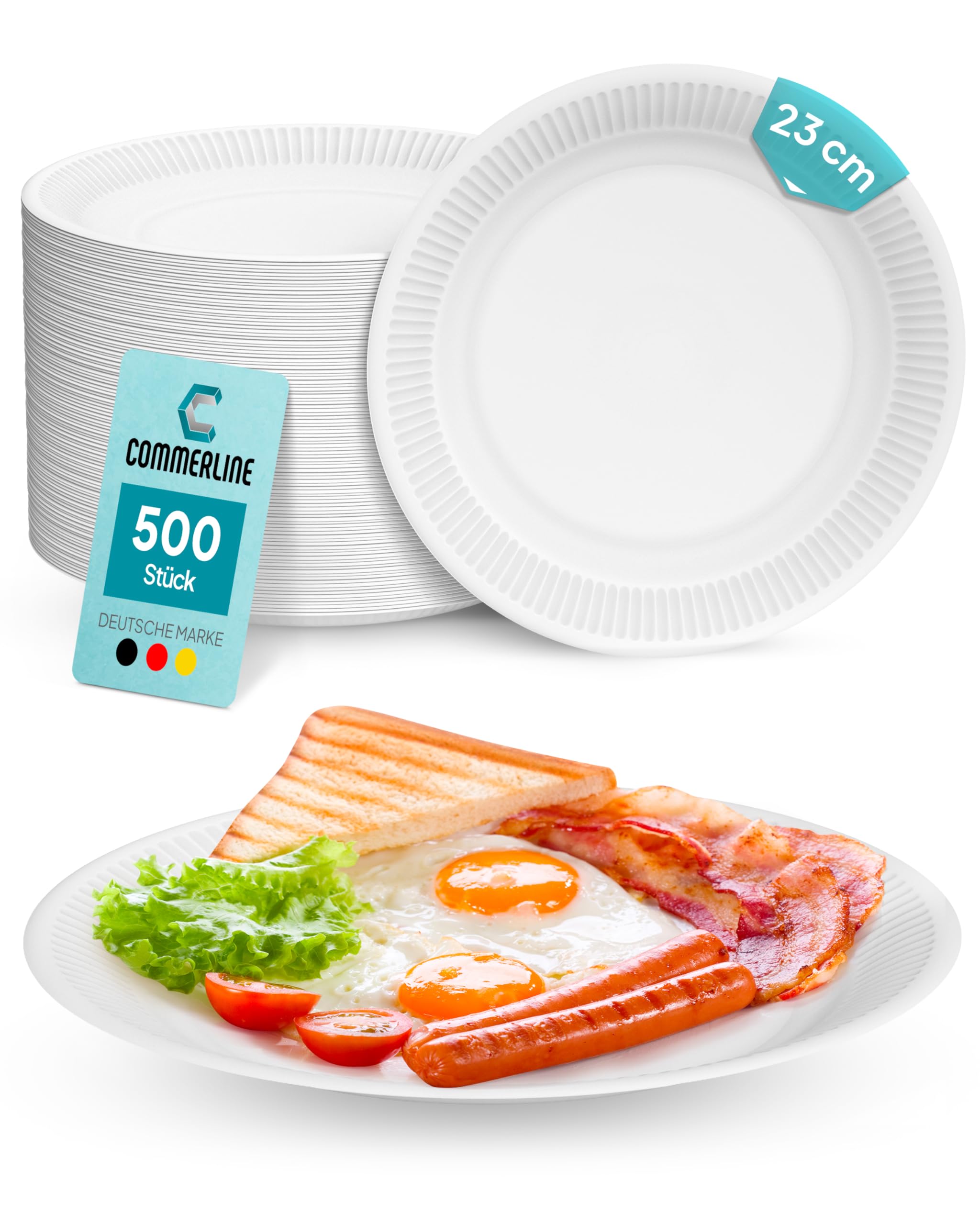 Commerline Lot de 500 assiettes en papier, Rondes de Ø 23 cm, Vaisselle jetable, KU 23 assiettes jetables en papier jetables, Assiettes de fête, Assiettes à gâteau jetables (500, KU23 (Ø 23 cm)