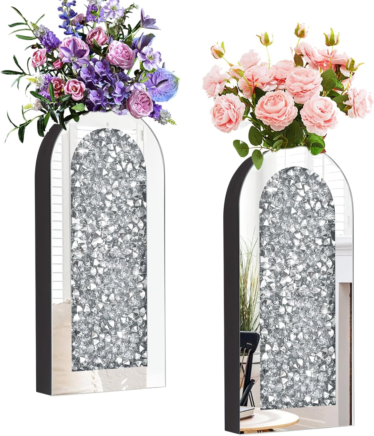 Set of 2 Crushed Diamond Wall Mirror Vases Bling Crystal Rhinestones Hanging Home Decor for Living Room Bedroom Wedding Housewarming Gift