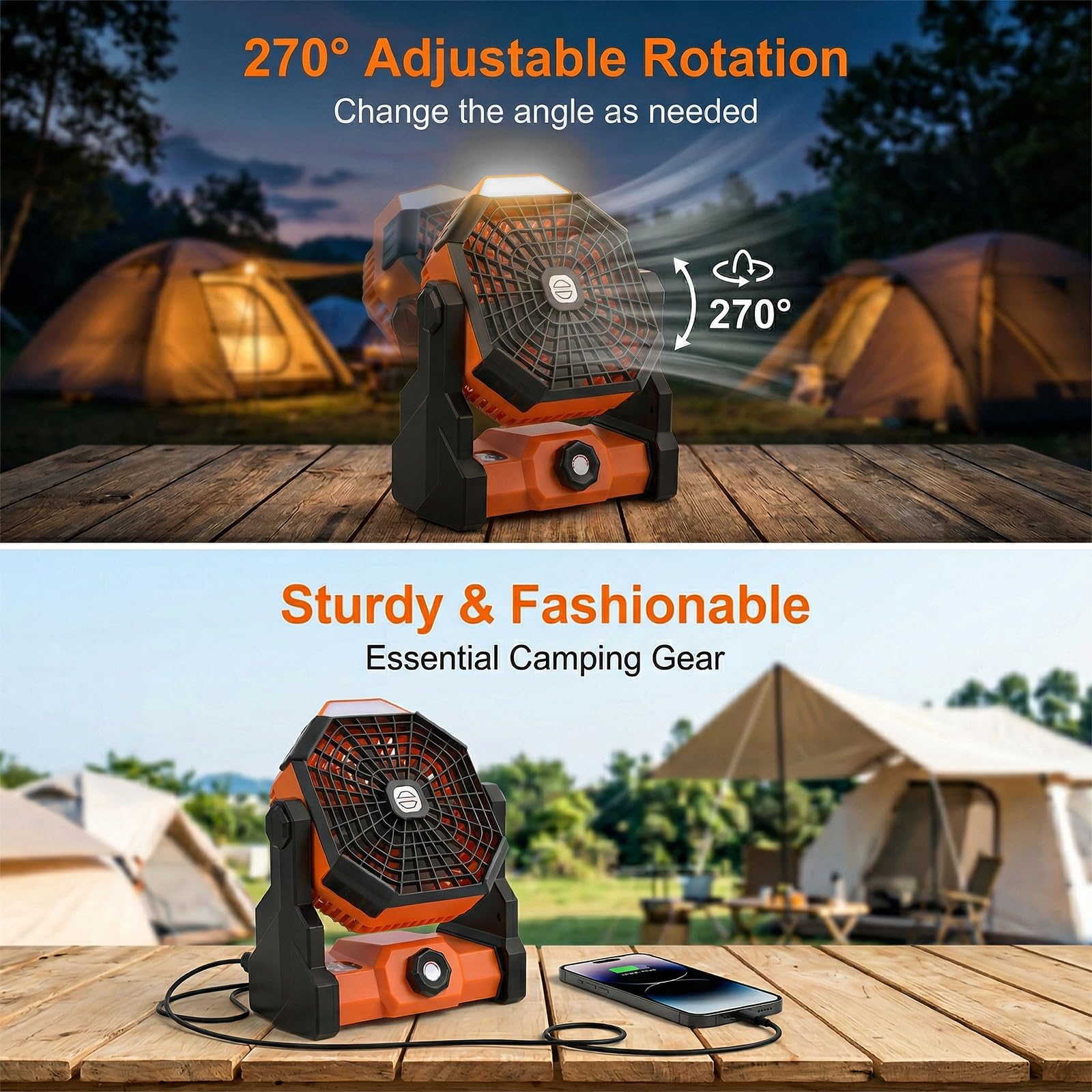Qoosea Ventilateur de Camping Portable Tente Ventilateur 24000mAh 3 en 1 Ventilateur de Tente Extérieure avec Lumière LED de Classe 3 à 4 Vitesses pour la Pêche en Plein air de Voyage de Tente
