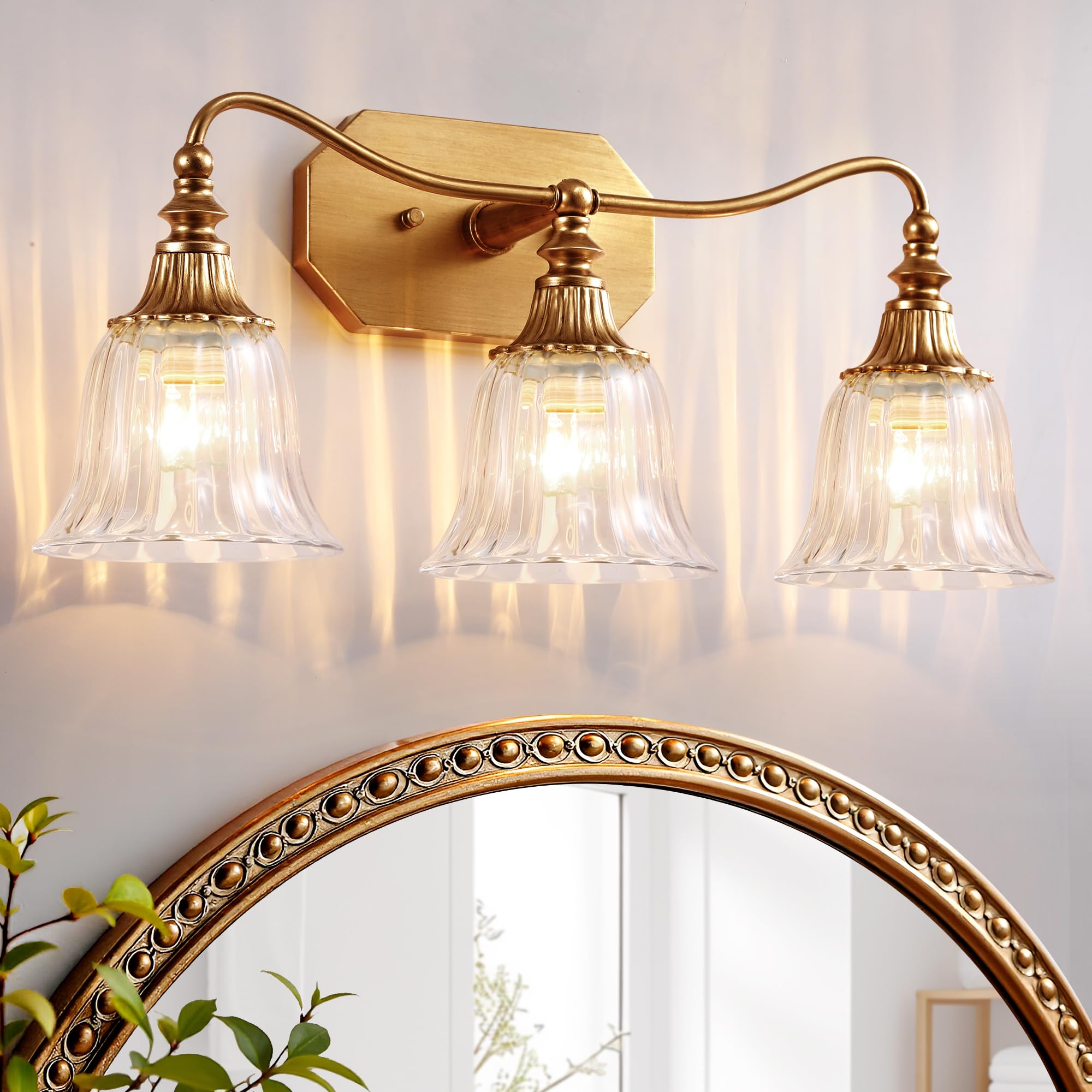 Gold Bathroom Vanity Light Fixture 3 Lights Bathroom Lighting Matte Antique Brass Finish with Crystal Glass Shade Gold