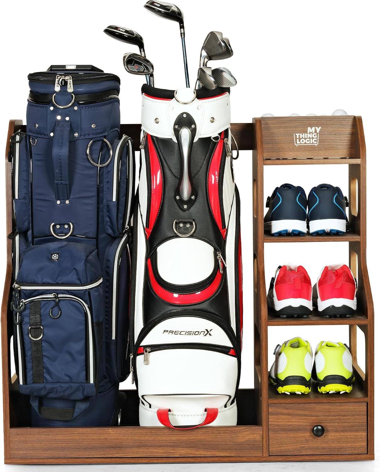 Mythinglogic Wooden Golf Bag Storage Rack, Golf Organizer with Shoe Shelves, Ball Holder & Drawer, MDF Golf Equipment Storage Cabinet for Home, Garage or Simulator Room