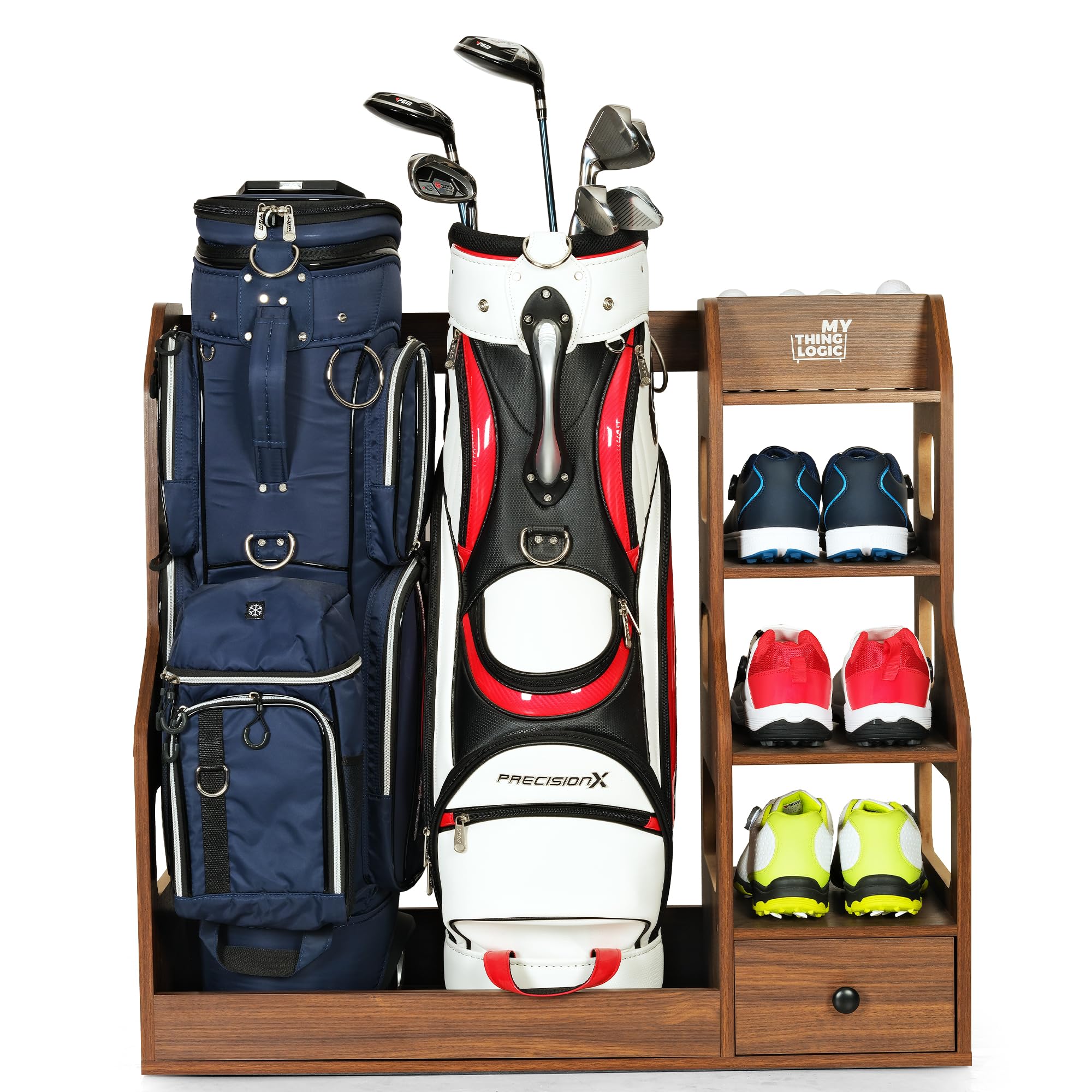 Mythinglogic Wooden Golf Bag Storage Rack for 2 Bags with Drawer